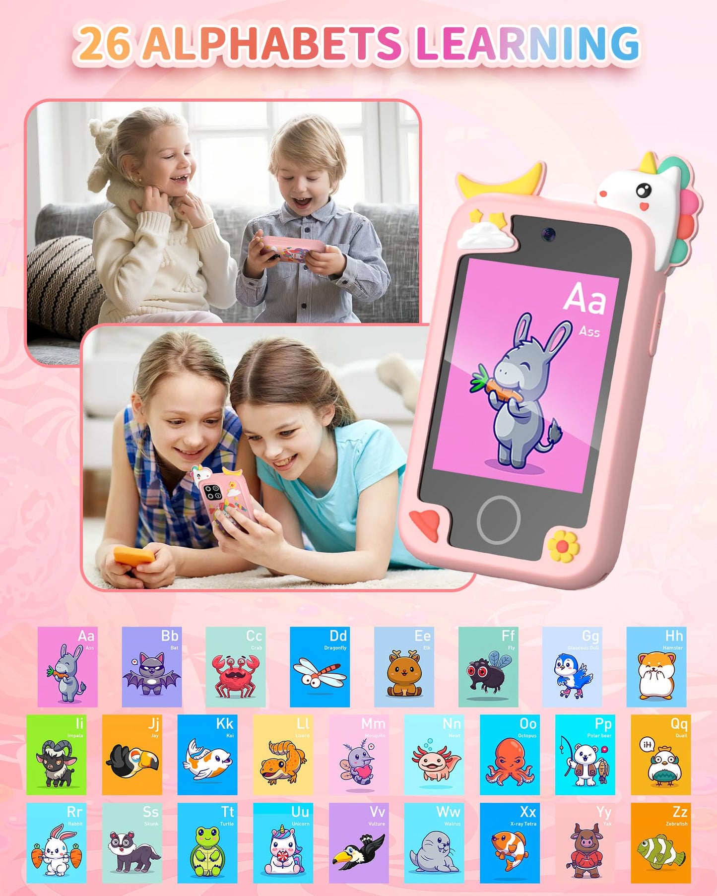 Upgrade Mini Kids Toy Pretend Smartphone, Unicorn Selfie Phone with 2.8” Touchscreen - Rich 20 Learning Games - Dual Camera - Music Player, for 3-10 Years Old Boys Girls, 32GB Card, Pink