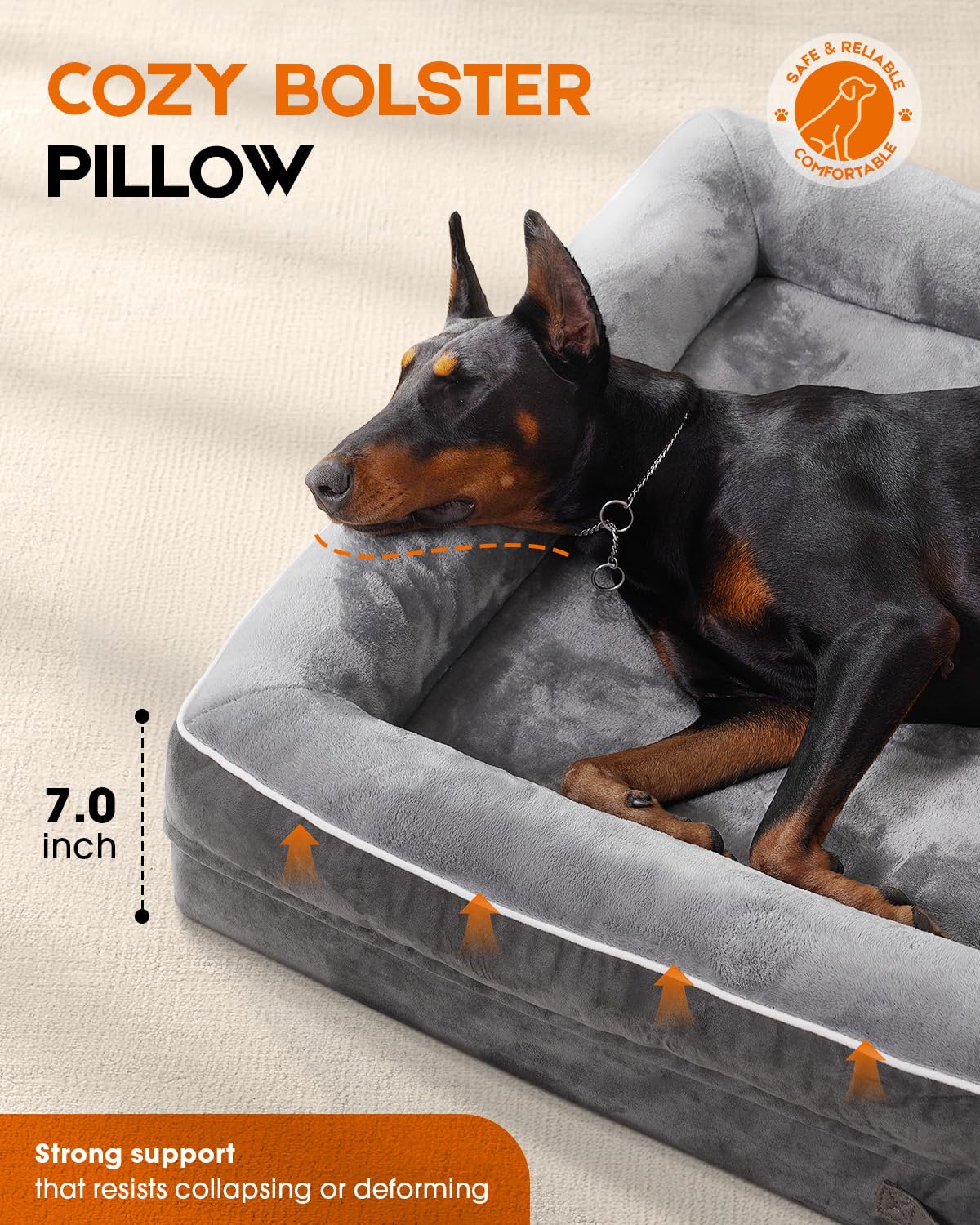 Orthopedic Dog Bed Large, Waterproof Pet Sofa Bed with Non-Slip Bottom and Four-Sided Bolster Cushion, Egg Foam Dog Couch with Removable Washable Cover, Gray Large Dog Beds