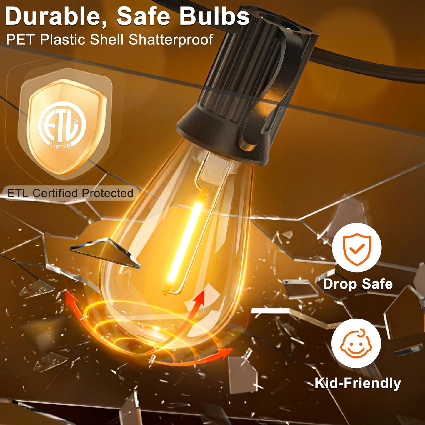 Outdoor Lights, S11 55FT String Lights with 25 Dimmable Plastic Bulbs 1 Spare, 120V 2700K Warm White Waterproof Connectable Patio Lights for Backyard Porch Balcony Party Decor, E12 Socket Base, Black