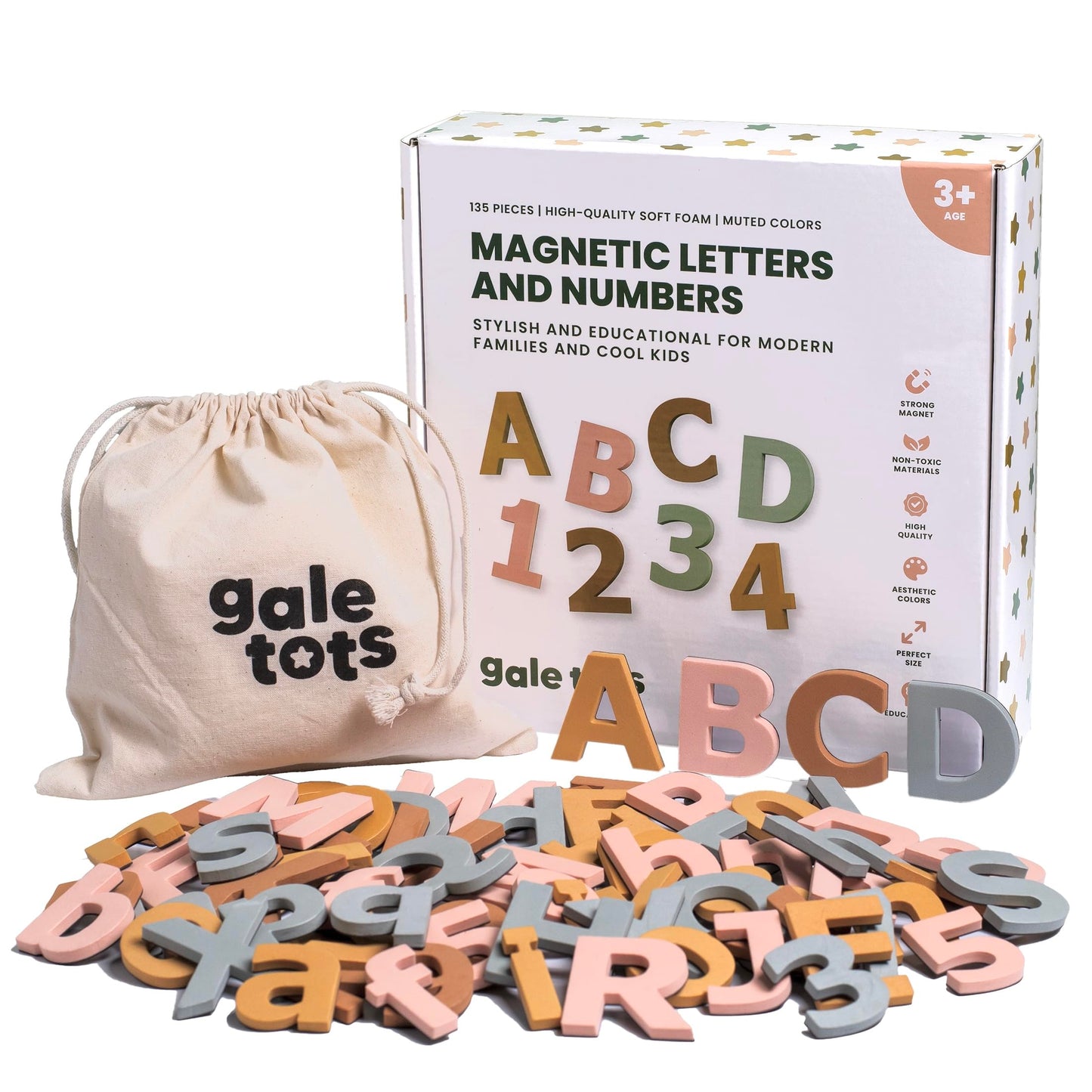 Gale Tots Aesthetic Magnetic Letters and Numbers -135 Pcs Alphabet Magnets in Soft Colors - Alphabet Learning for Toddlers - Fridge Magnets for Toddlers - Pastel Neutral Toys