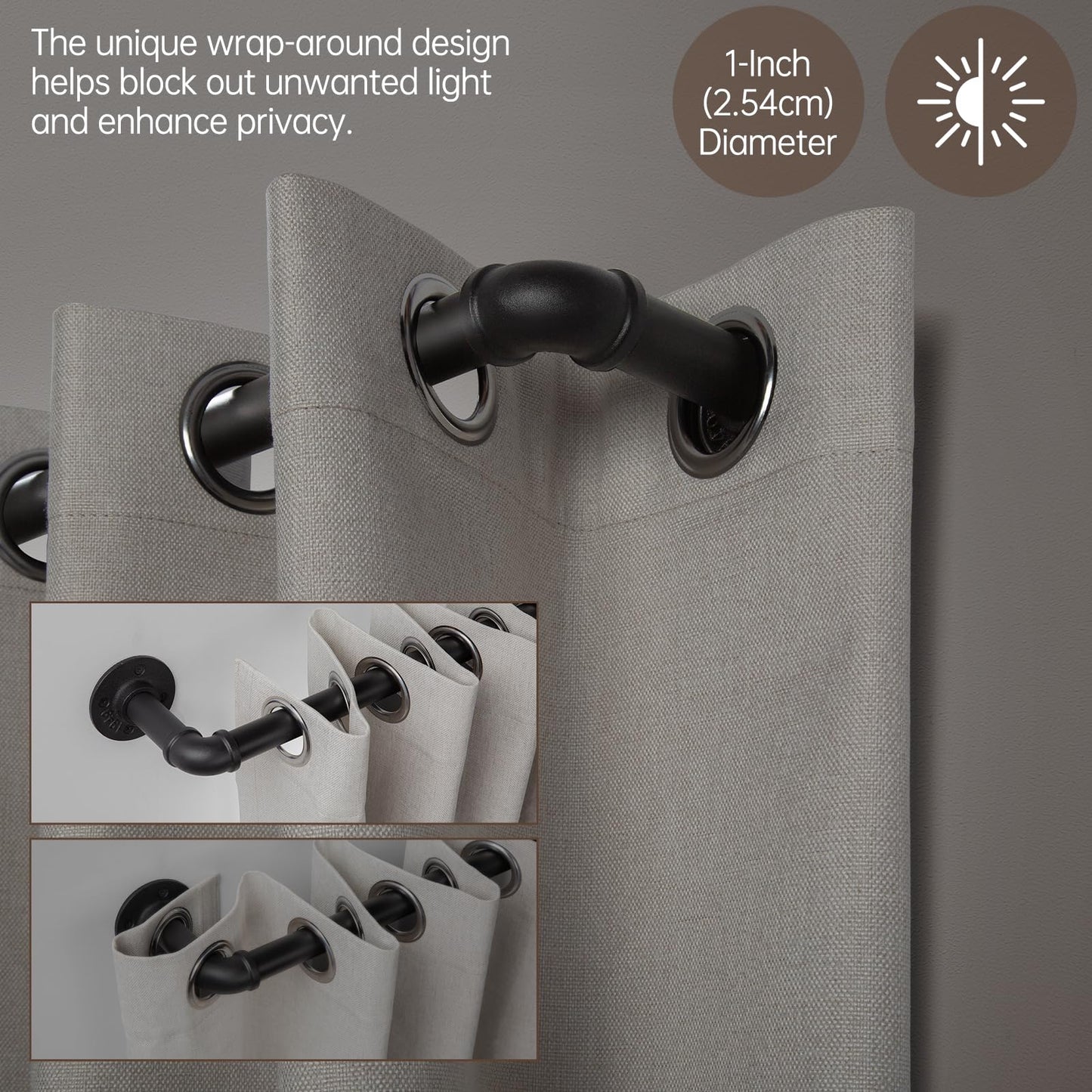 Zeerobee Curtain Rods for Windows 66 to 120, 1 Inch Industrial Wrap Around Black Curtain Rod, Indoor/Outdoor Room Divider Adjustable Drapery Pole, 66"-120"