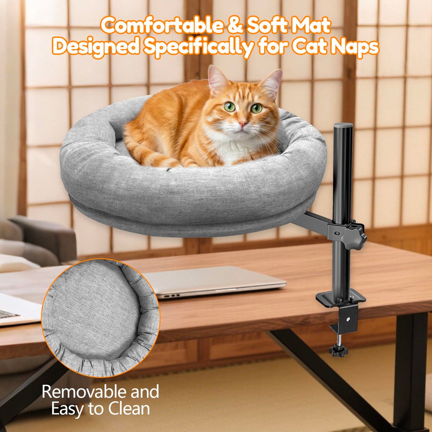 Homegroove Cat Desk Bed, Cat Bed for Desk with 360° Rotation & Height Adjustable, Cat Desk Perch with Soft Cushion, Sturdy Steel Frame, Supports Up to 40 lbs, Easy Installation (Grey)