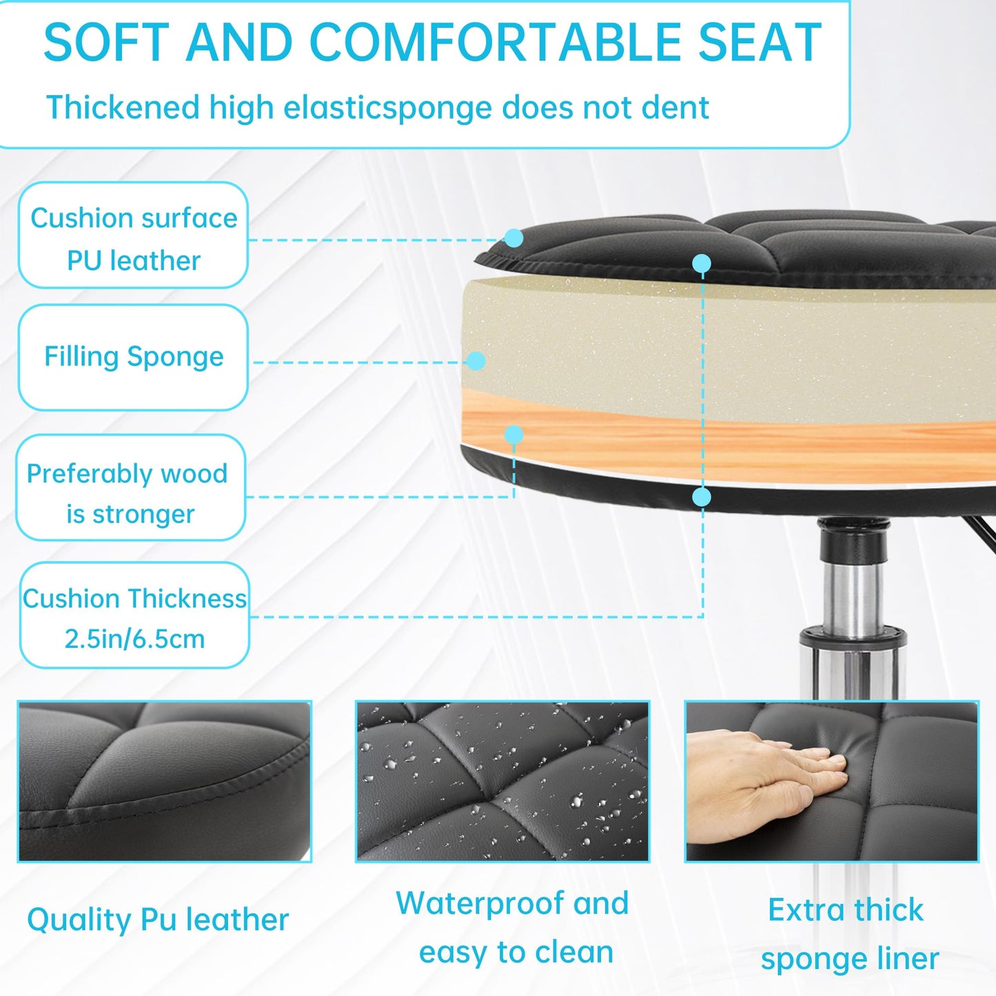 BQKOZFIN PU Leather Modern Round Rolling Stool Adjustable Height Salon Stool for Spa Facial Massage Tattoo (Black)