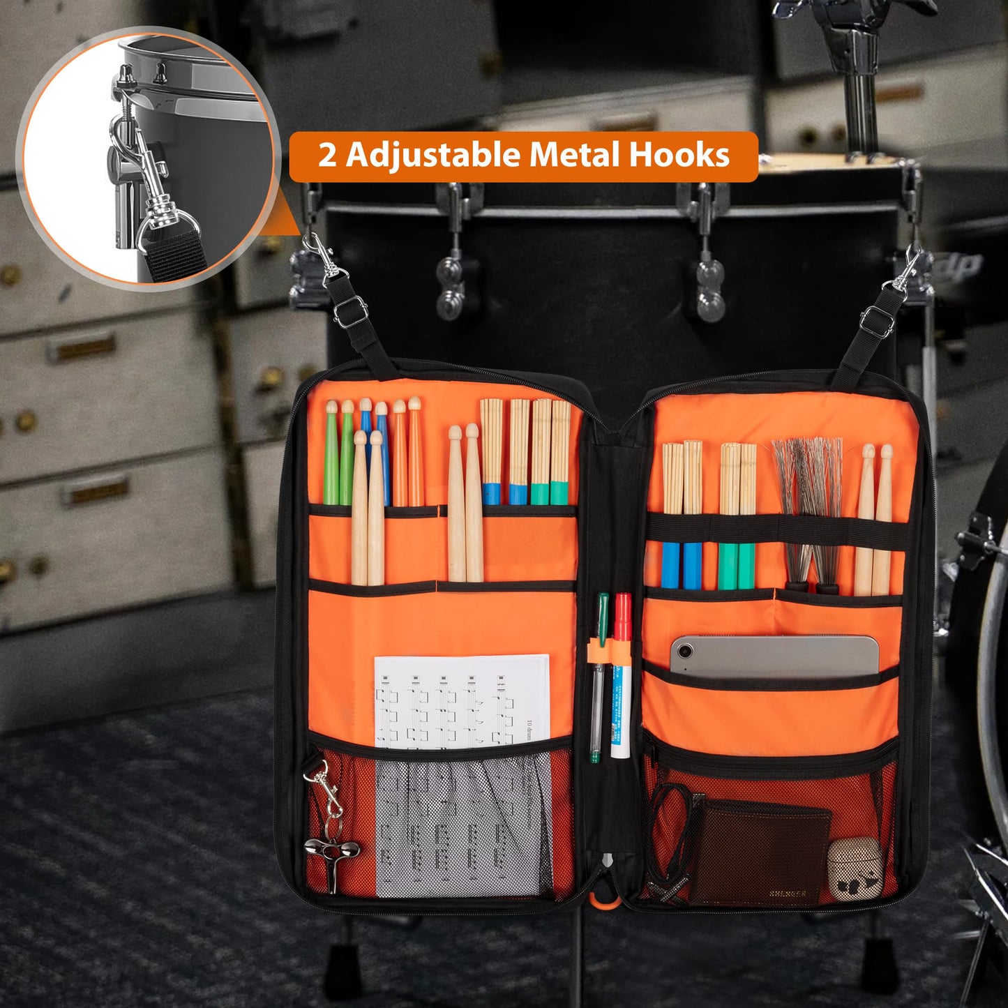 Damero Drumstick Bag, Drumstick Mallet Bag with Detachable Shoulder Strap, Hanging Drum Sticks Bag for Drummers, Beginners in Band, Gig