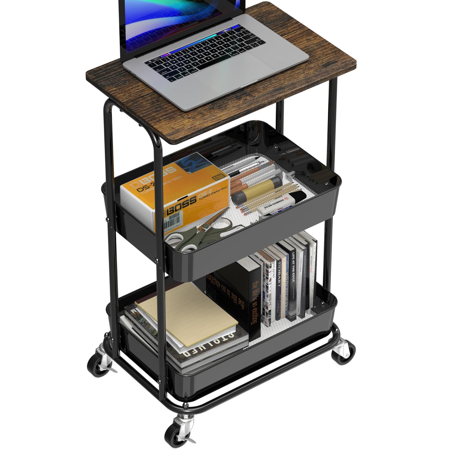 Simple Houseware 3-Tier Metal Rolling Utility Cart with Wooden Top and Lockable Wheel, Storage Organizer Trolley for Kitchen, Bathroom, Office, Craft Room, Rustic Brown