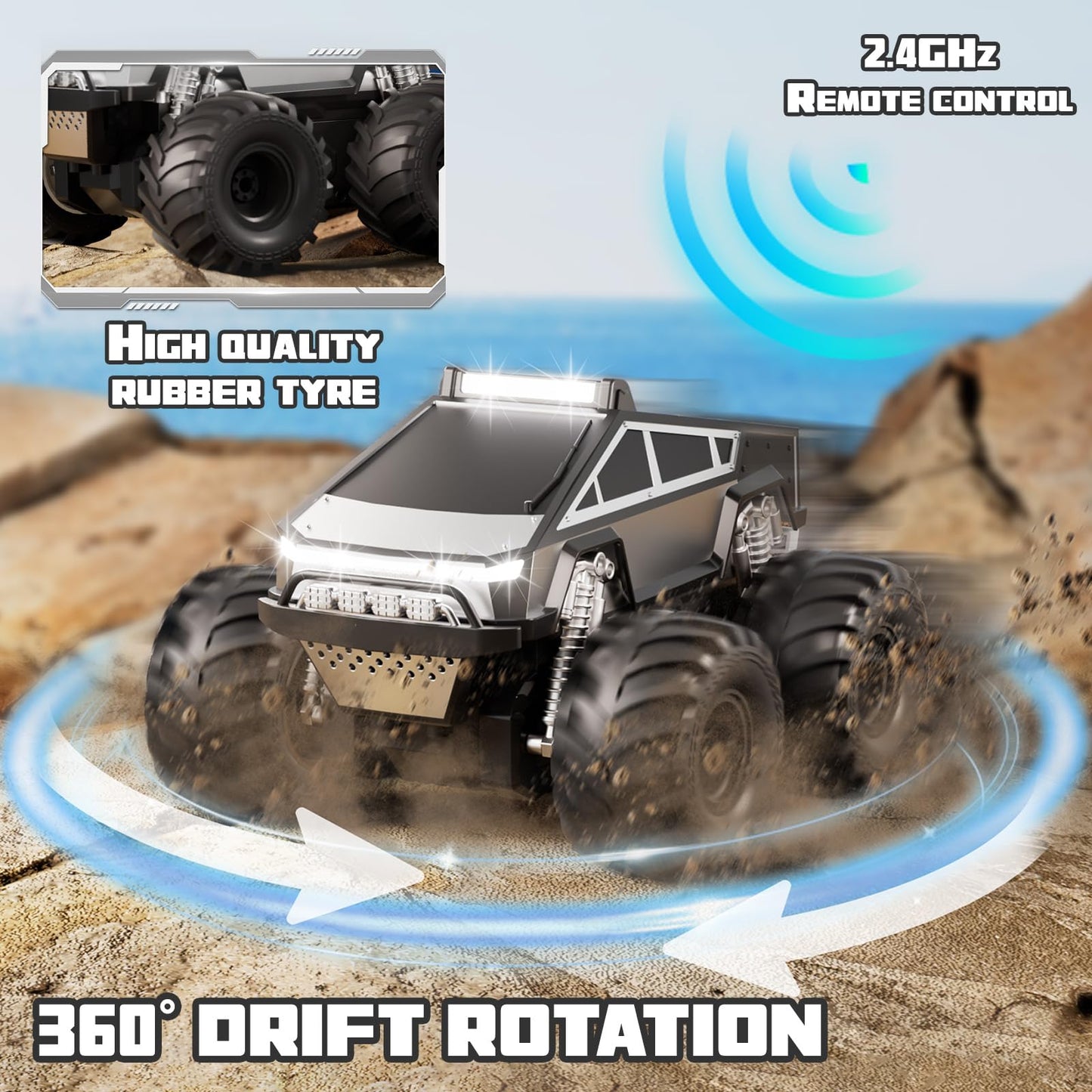 RC Car,Amphibious Remote Control Car Waterproof Monster Truck,4WD All Terrain Off-Road 2.4GHZ Vehicles,1:16Scale Hobby Monster Truck Toys,RC Rock Crawler for Boys Girls Kids Age 6 7 8 9 10+(Grey)