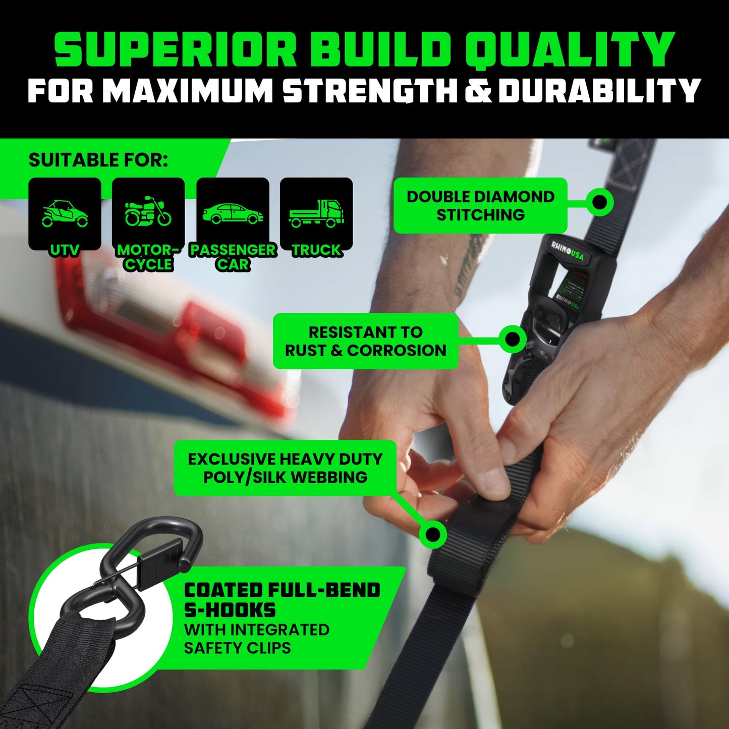 Rhino USA Ratchet Straps Heavy Duty Kit (2-Pack) - 1.6 Inch x 8 Feet (5,208lb Break Strength) - Ultimate Tie Down Straps with Safety S Hooks for Trucks, ATV, UTV, Motorcycle, Cargo & More - Black