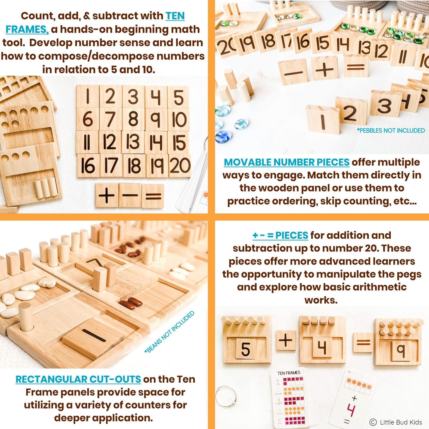LITTLE BUD KIDS Counting Pegs Ten Frame Math Game - Number Peg Boards with Addition & Subtraction Flash Cards, A Number Learning Resources Toddler Math Puzzle & Kindergarten Montessori Toy