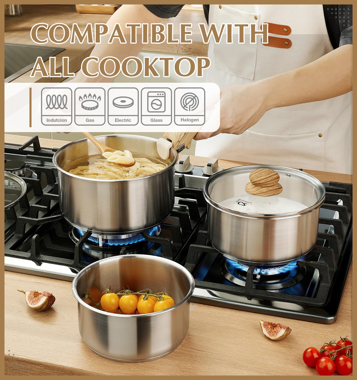 KOCH SYSTEME CS 6 PCS Stainless Steel Pot Set, 1.5QT & 2QT & 3QT Stainless Steel Saucepan with Removable Handle, Sauce Pan with Tri-Ply Steel Base, Induction Compatible, Dishwasher & Oven Safe