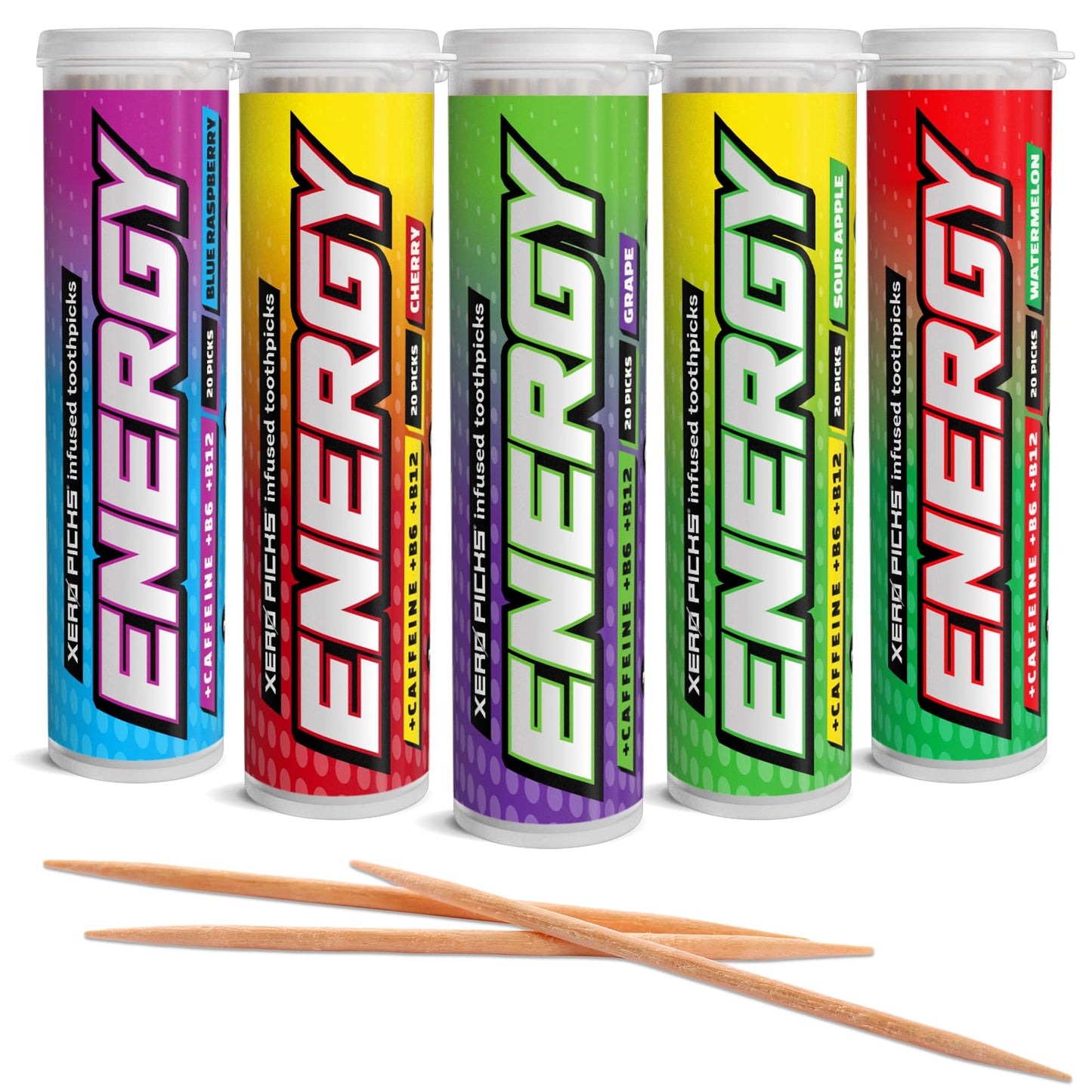 Xero Picks Energy Infused Flavored Toothpicks with Caffeine, B12 & B6-100 Picks (5 Pack Variety)