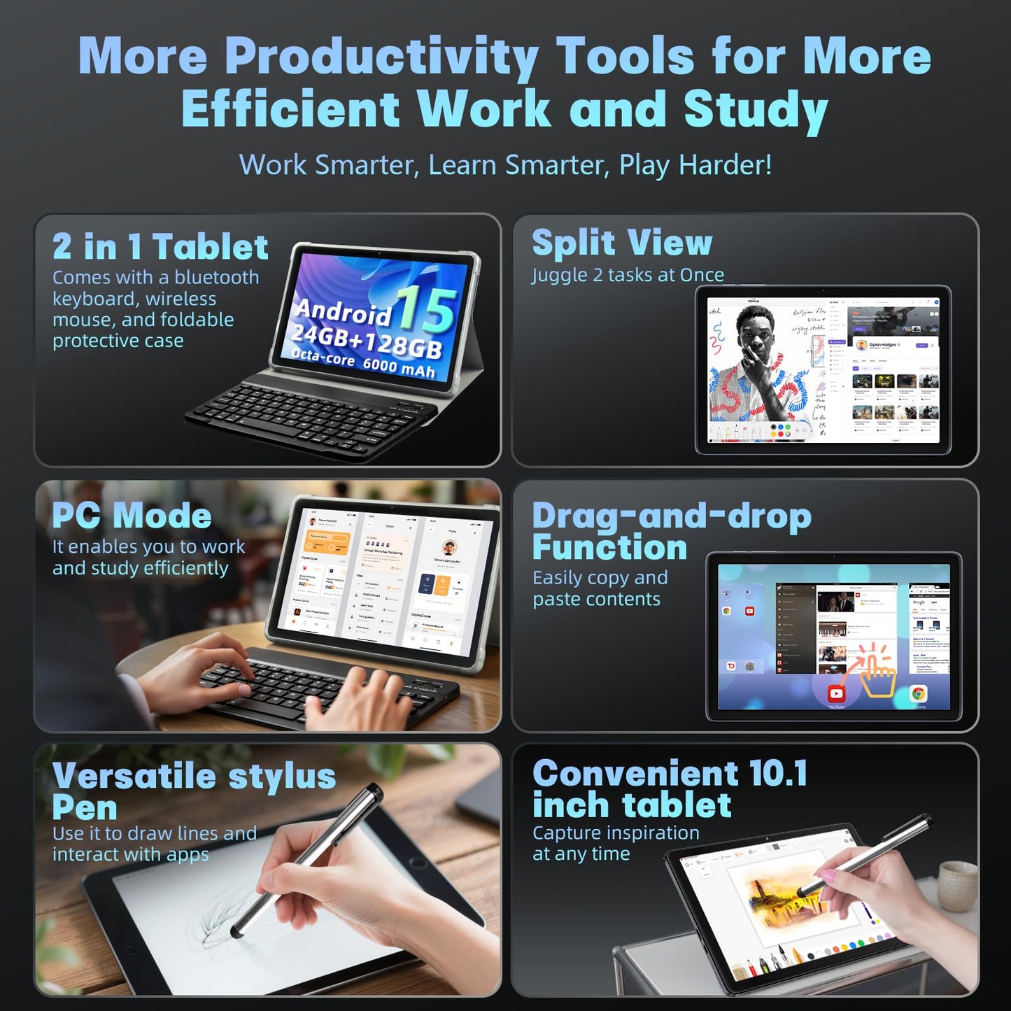 Android 15 Tablet 10 inch,24GB RAM 128 ROM,Tablets with Keyboard Mouse Stylus,1TB Expandable,Octa-Core 6000mAh 1280x800 IPS HD,5G WiFi,T615 CPU,High Performance,Processor,Dual Camera(Gray)