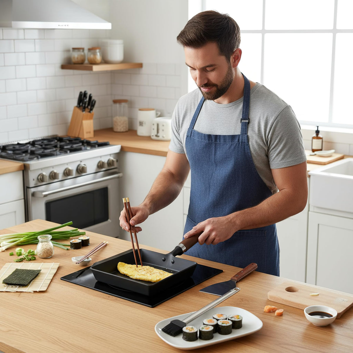 Tamagoyaki Japanese Omelette Pan Cast Iron Wooden Handle