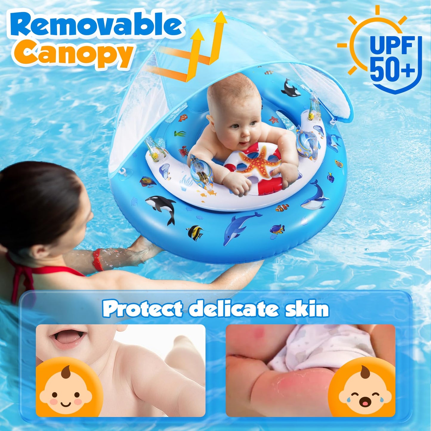 Baby Pool Float with Canopy UPF50+ Sun Protection, Inflatable Kids Pool Floats with Ocean Animal Toys for Baby 6-36 Months, Infant Swimming Float with Adjustable Safety Seat for Girls Boys