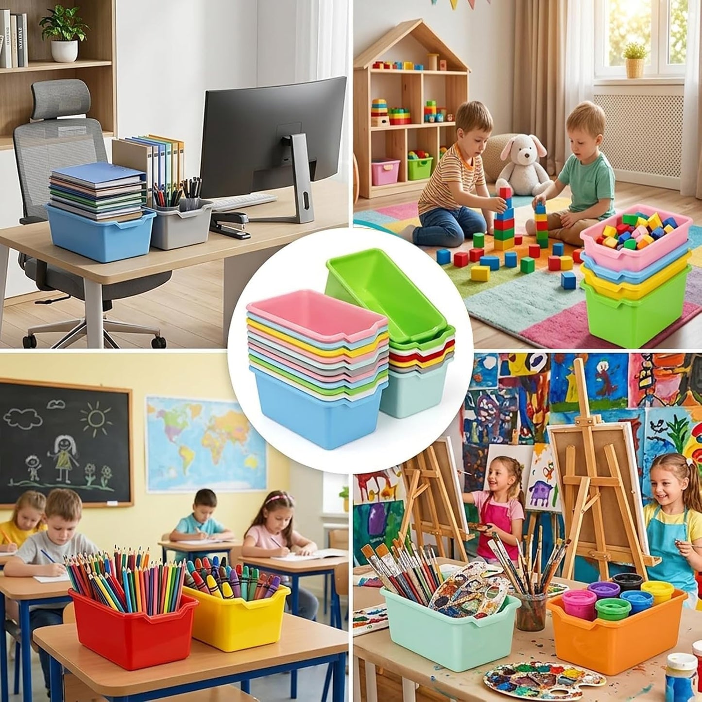 WUWEOT 16 Pack Cubby Storage Bins, Classroom Plastic Toys Bins Crafts Books Storage Bins, Easy-to-Grip Stackable Organizer for Classroom, Nursery, Playrooms And Home Organization