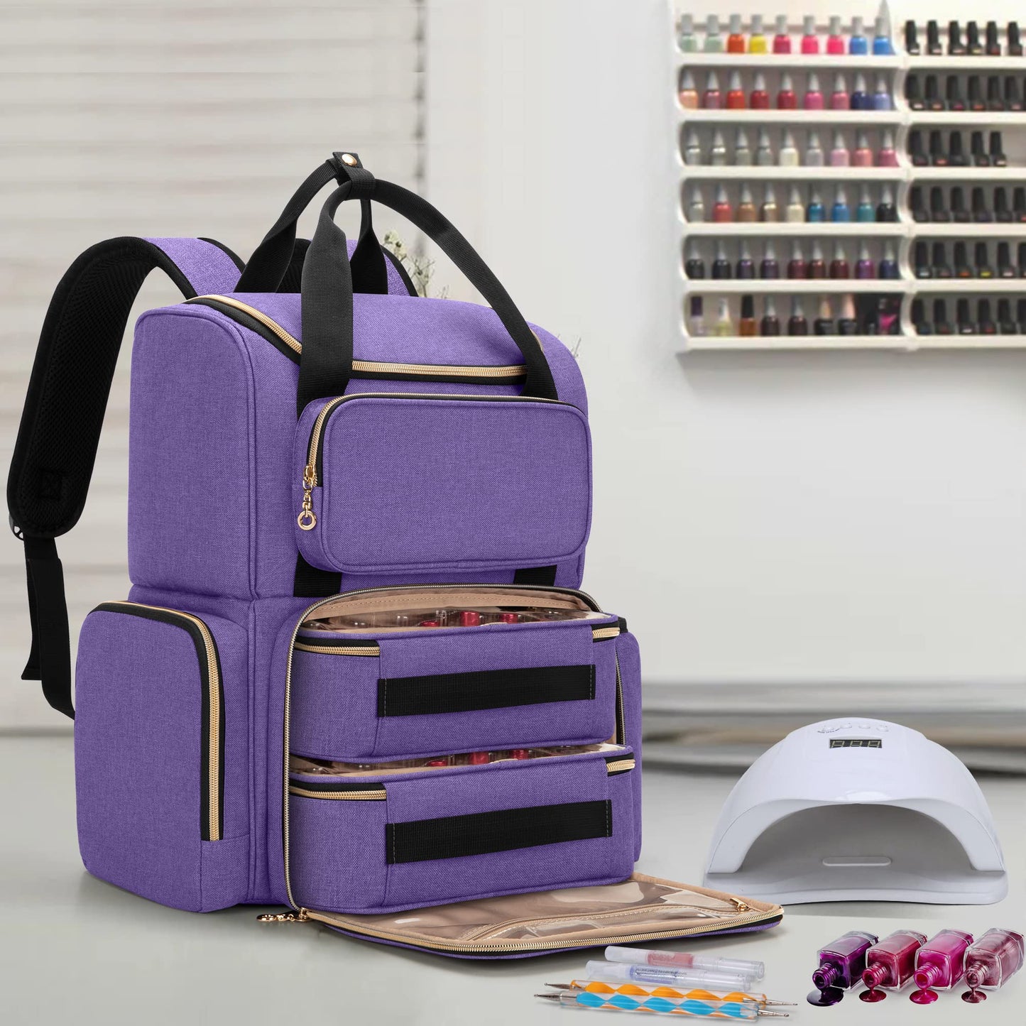 Luxja Nail Polish Organizer (Backpack Version) Holds 70 Bottles and a Nail Lamp, Travel Nail Polish Bag with 2 Removable Cases and Tools Storage Pockets (Patent Pending), Purple
