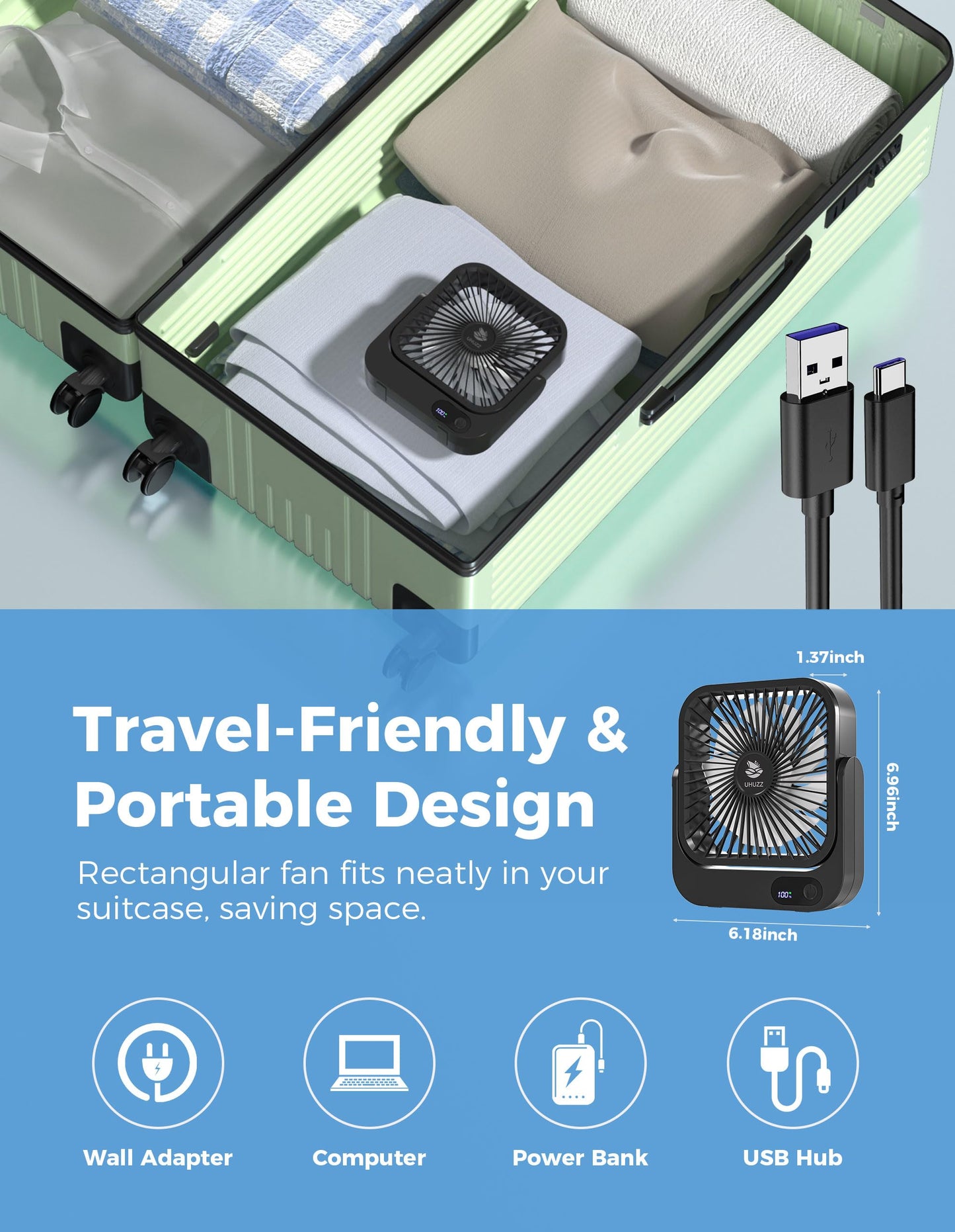 Cruise Ship Approved Magnetic Fan – Portable Rechargeable & Plug-In, 5-Speed Adjustable, Quiet Operation, Up to 12 Hours Battery Life, Perfect for 2025 Cruises