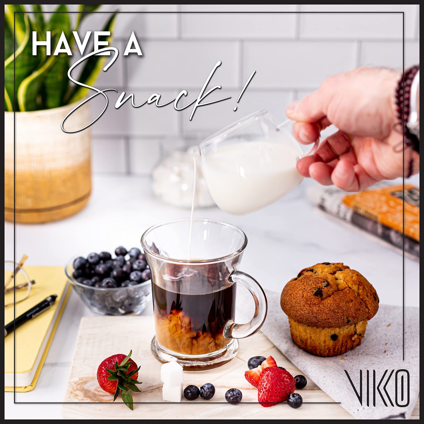 Vikko Glass Coffee Mugs Aroma Collection 13 Ounce Thick and Durable Wide, Set of 6 Heavy Base Dishwasher Safe Large Glass Coffee Cups