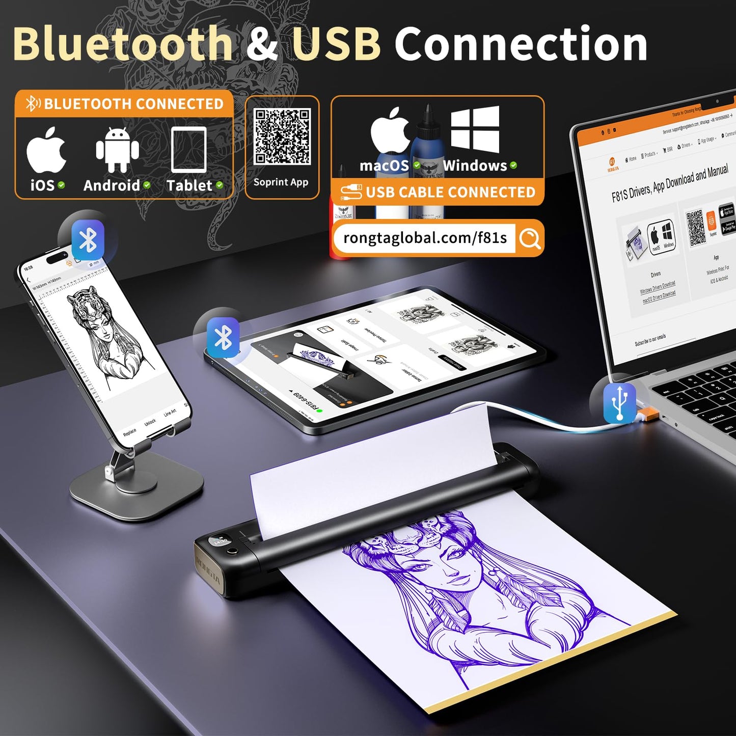 Rongta Tattoo Stencil Printer, F81S Wireless Thermal Tattoo Printer with 5pcs Transfer Paper, Compatible with Phone/Tablet/PC, Tattoo Supplies for Tattoo Artists, Grey