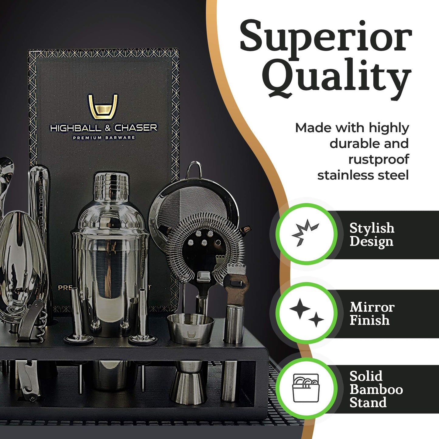 Highball & Chaser 13-Piece Cobbler Cocktail Shaker Set: Black Polished Stainless Steel Bartender Kit for Home Bar Cocktail Set | Cocktail Tools | Plus E-Book with 30 Cocktail Recipes (Gunmetal Black)