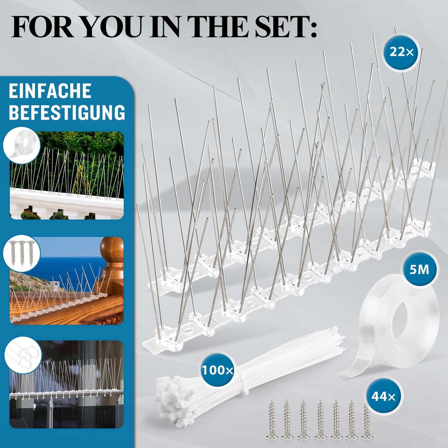 18 Feet Humane Upgrade Bird Spikes, 22Packs Bird Barrier Repellent Spikes Fence Kit (5.5M), Pigeon Bird Defense System Spikes Stainless Steel, Bird Deterrent Device, Against Nesting & Bird Droppings