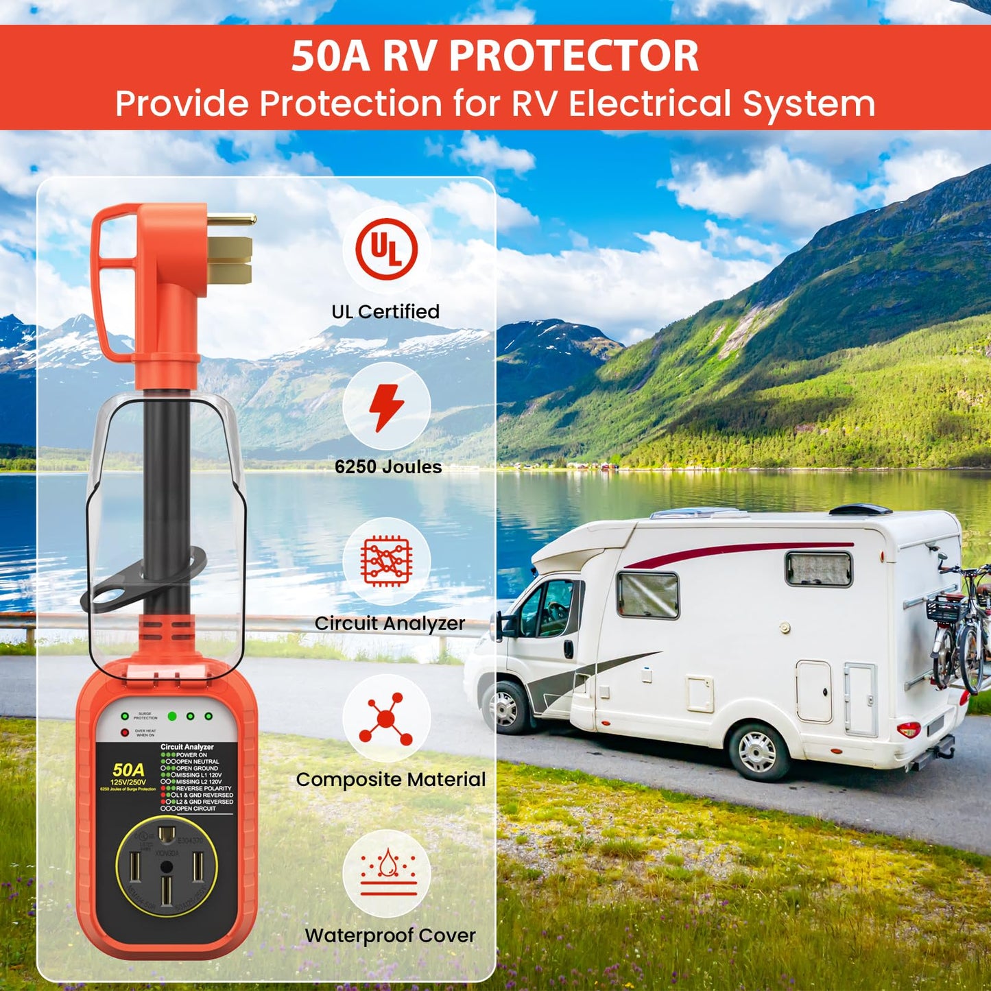RV Protector 50 Amp Waterproof, Camper Accessories for Travel Trailers RV Electric Watchdog 6250 Joules RV Circuit Analyzer RV Adapter Power Monitor Guard 50 amp Defender