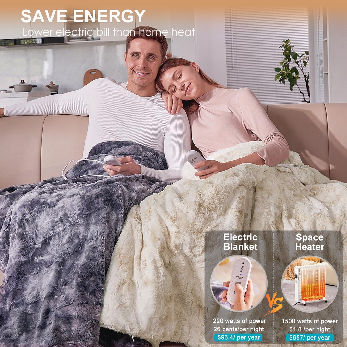 Electric Throw Blanket,50"x 60" Reversible Faux Fur Heated Blanket Throw,5 Heating Levels & 4Hrs Auto Off,Over-Heat Protection Heating Blanket, Machine Washable,Grey