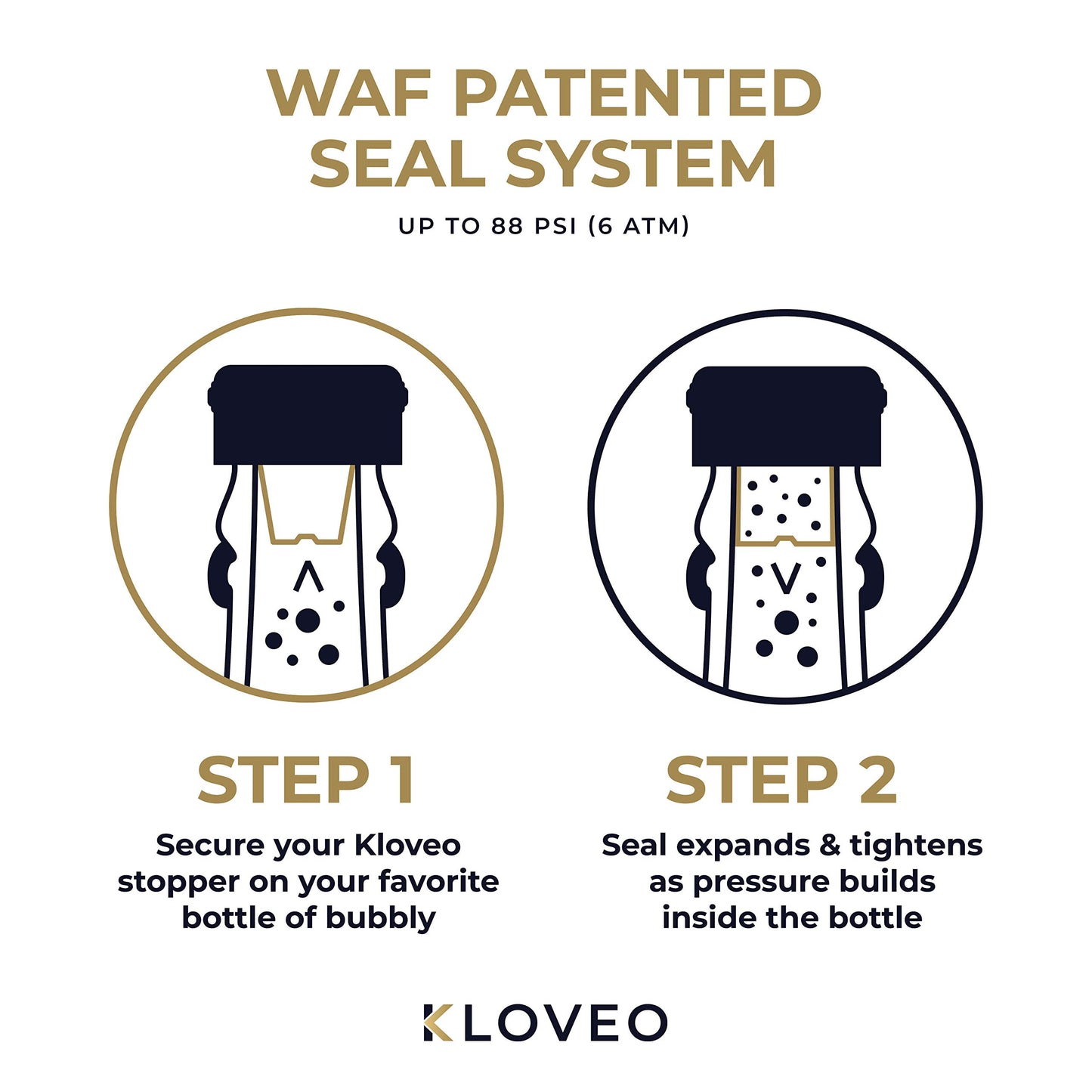 Champagne Stoppers by Kloveo - Patented Seal (No Pressure Pump Needed) Made in Italy - Professional Grade WAF Champagne Bottle Stopper - Prosecco, Cava, and Sparkling Wine Stopper