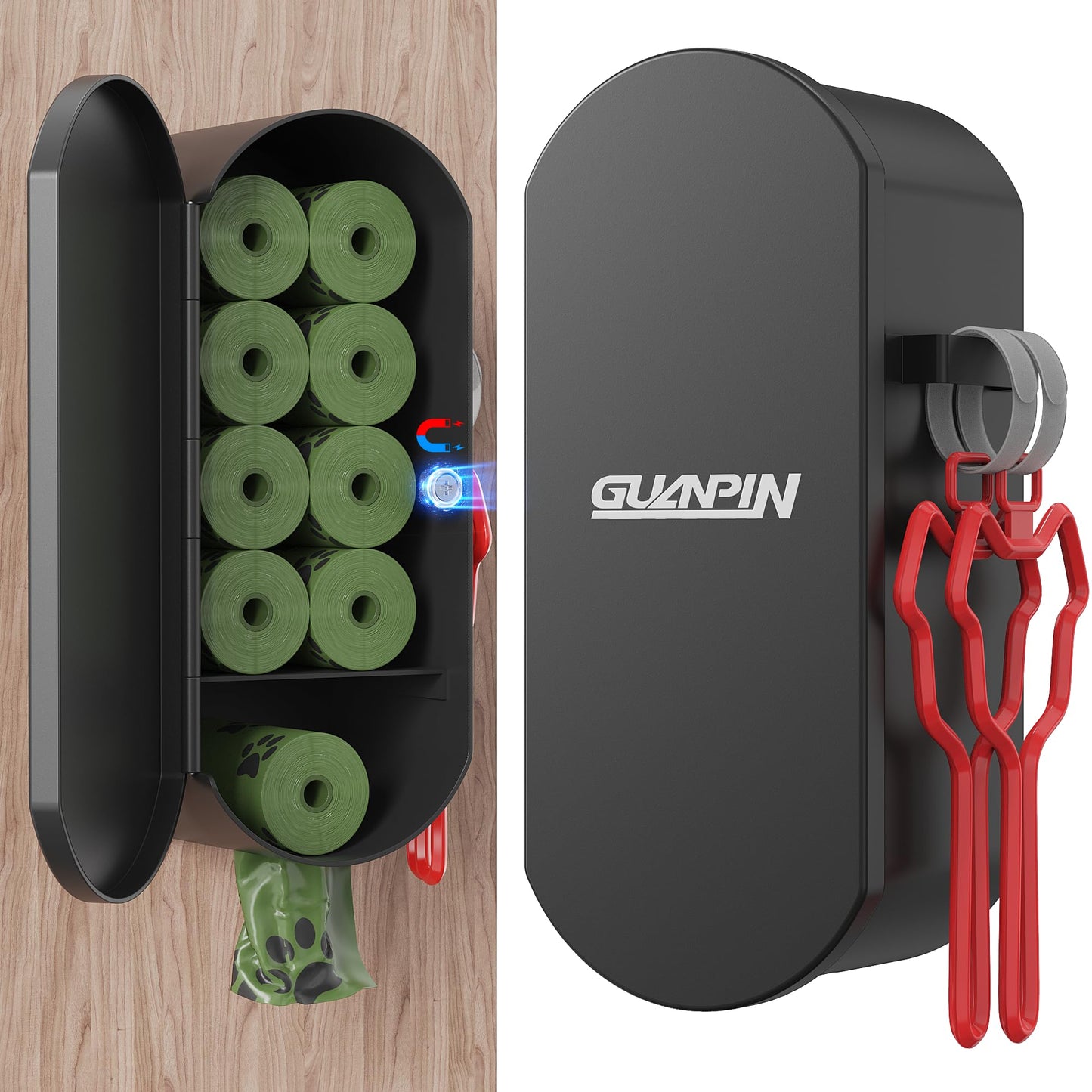guanpin Dog Poop Bag Dispenser Wall Mount with 2Pcs Dog Poop Bag Holder, Steel Dog Bag Holder with Magnetic Door Closure,Holds 9-10Rolls,Exclusive of Dog Poop Bag, Dark Gray, GH-LD422D
