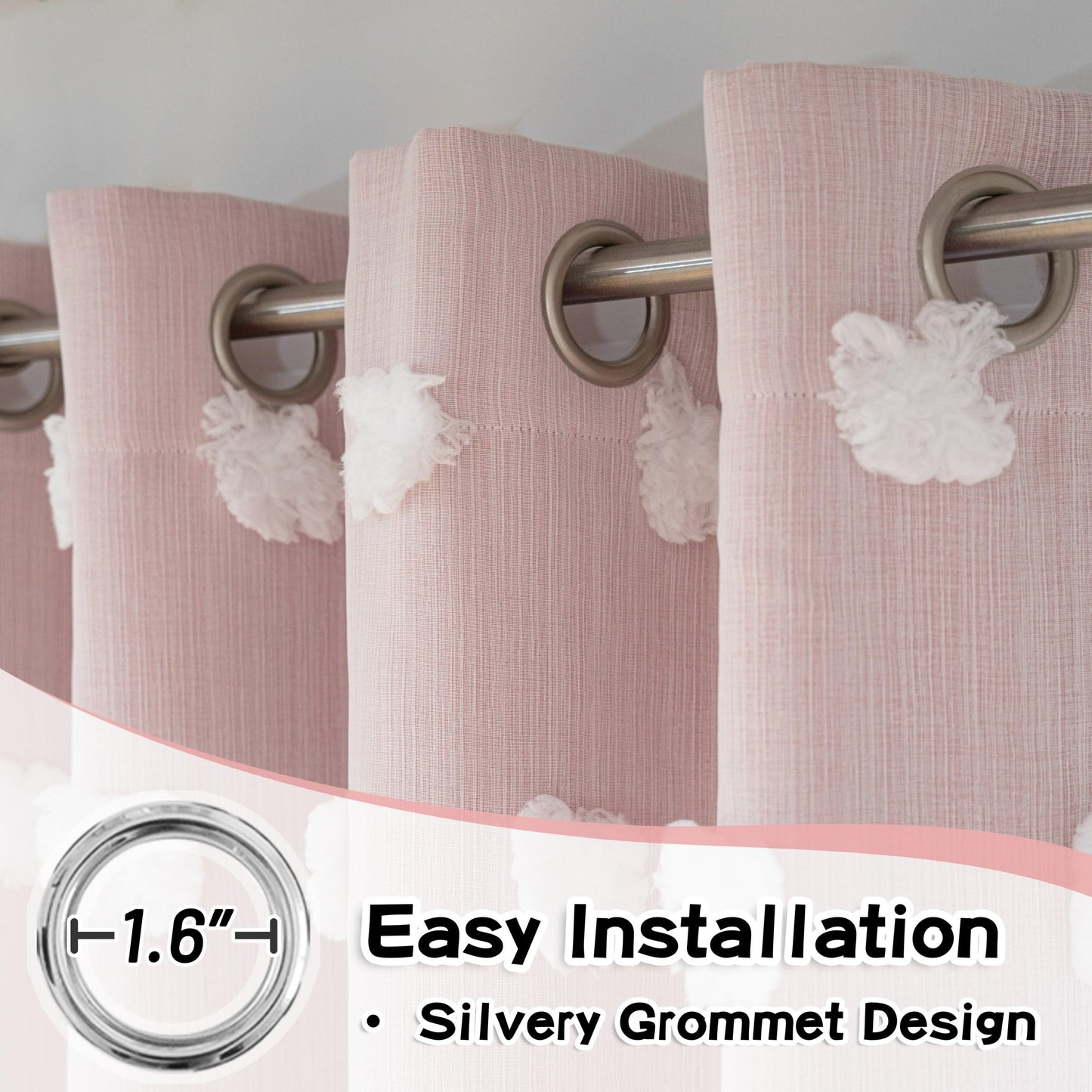 MYSKY HOME Light Blocking Pink Curtains White Sheer Pom Pom Kids Room Decor Drapes for Living Room 95 Inches Long Double Layer Curtains for Sliding Door Grommet Window Panels Set of 2, 52" x 95"