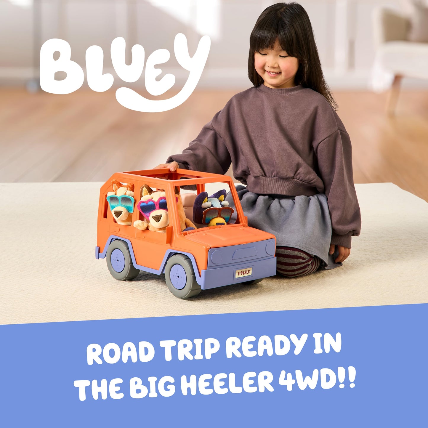 Bluey Buddies Big Heeler 4WD with Family, Exclusive Plush Bluey, Bingo and Chilli, with Sticker Sheet and Opening Bonnet/Hood for Fun Storage
