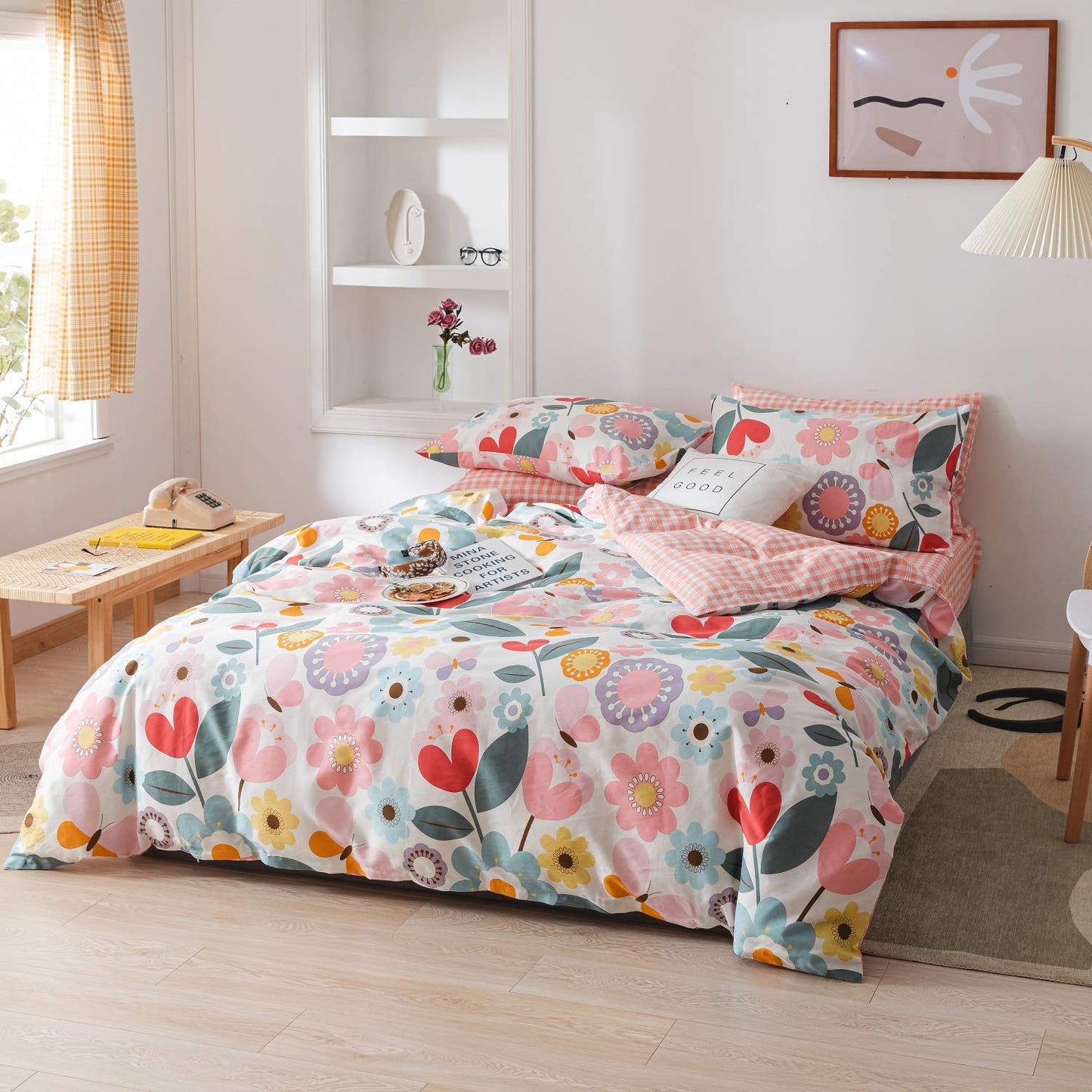 Floral Duvet Cover Twin, 100% Cotton 3 pcs Twin Flower Bedding Set for Girls, Reversible Comforter Cover Ultra Soft Garden Fresh Botanical Duvet Cover, with Zipper Closure, Breathable (No Comforter)