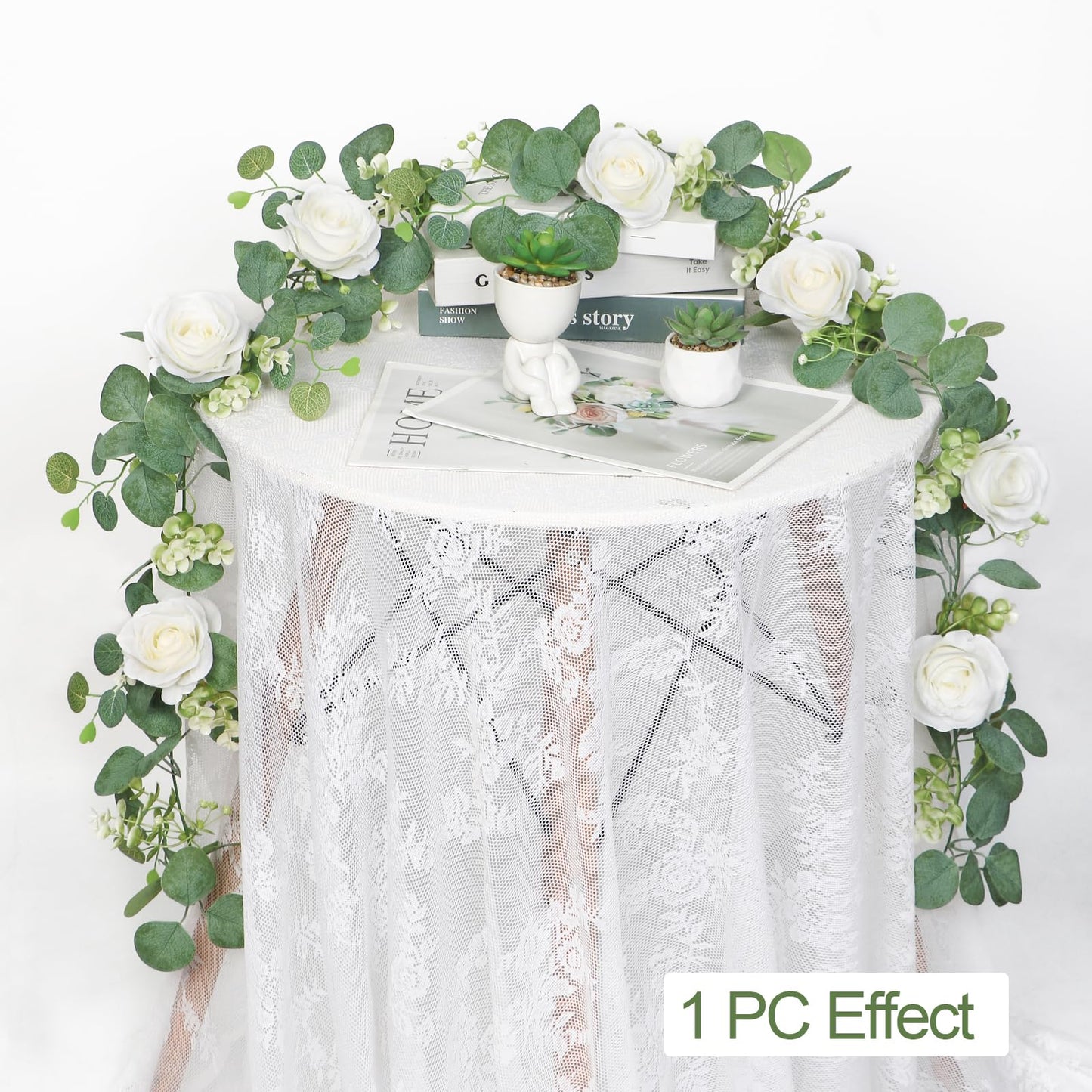 TOCHGREEN 4Pcs(26 Ft) Artificial Eucalyptus Flower Garland with White Rose Flowers,Faux Rose Vine Gypsophila Garland,Floral Garland Greenery Garland for Party Wedding Table Decor (White, 4PCS)