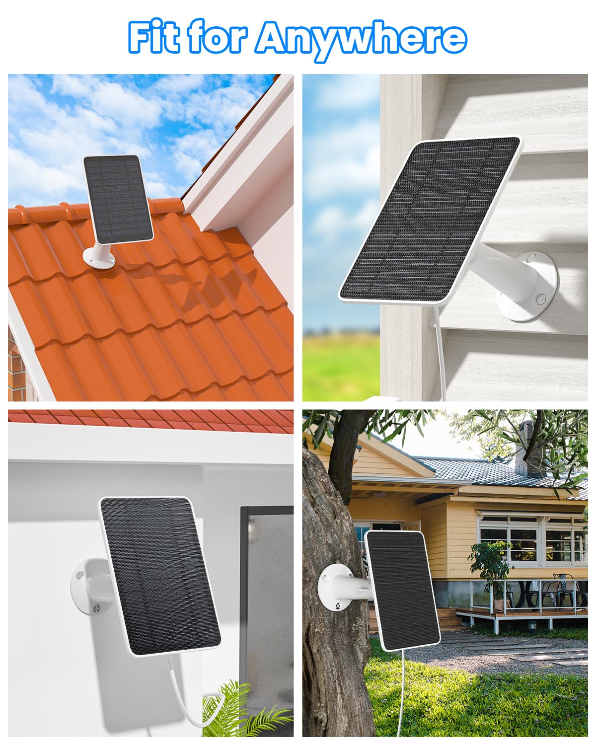 Solar Panel Charger Compatible with Arlo Essential 2K Outdoor(2nd Gen)/Essential XL Camera(2nd Gen)/Essential Spotlight, 5W Solar Panel with IP65 Waterproof 10ft Micro USB-C Cable & Wall Mount, 2 Pack