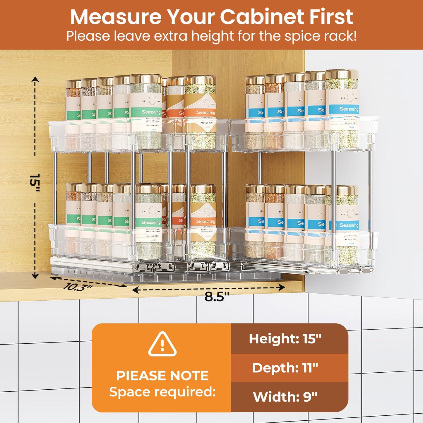 Mystozer 3 Packs Pull Out Spice Rack Organizer for Cabinet, Vertical Spice Rack Pull Out, Heavy Duty Slide Out Seasoning Organizer, 2.3" Wx10.35''Dx8.26''H, 3 Drawers 2 Tiers(Clear)