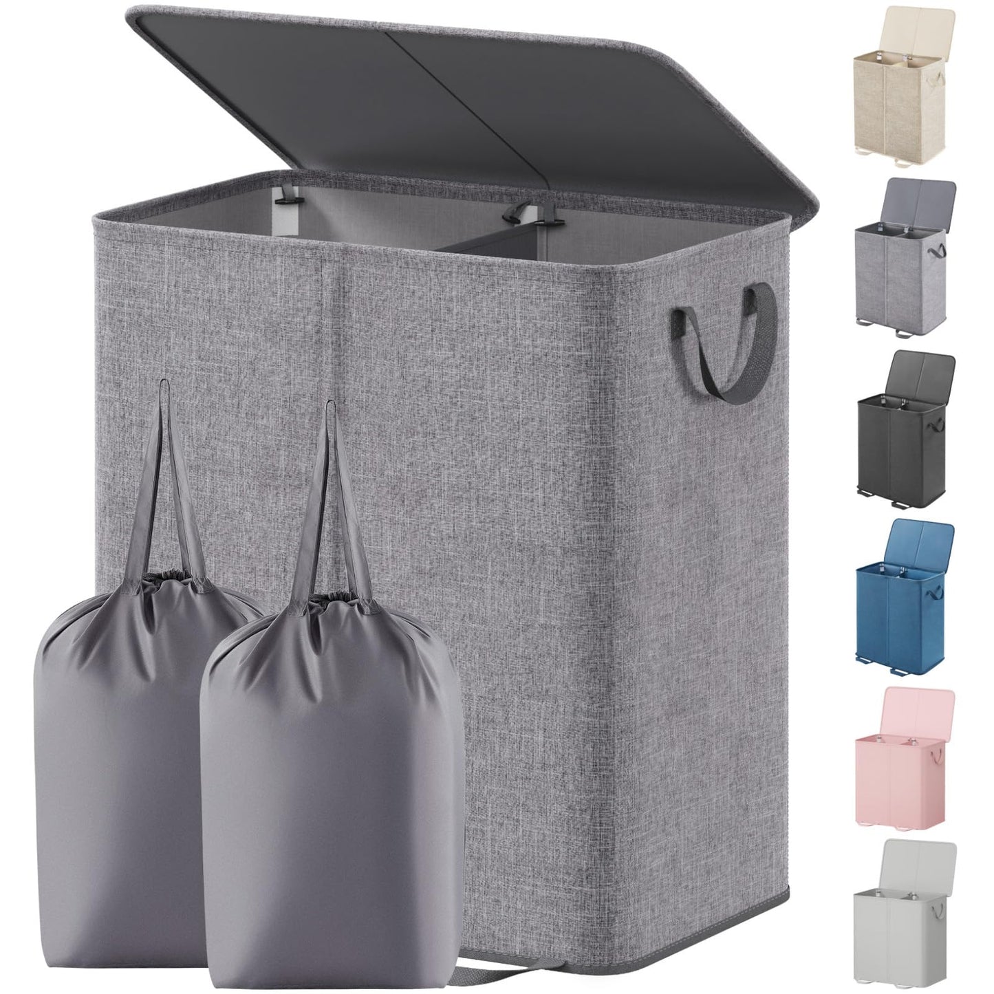 Lifewit Double Laundry Hamper with Lid and Removable Laundry Bags, Large Collapsible 2 Dividers Dirty Clothes Basket with Handles for Bedroom, Laundry Room, Closet, Bathroom, College, Grey
