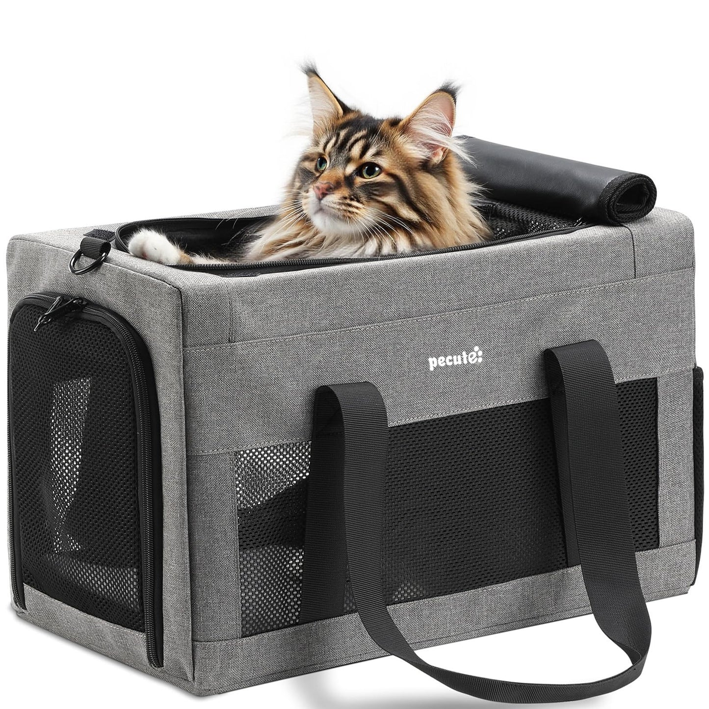 Pecute Cat Carrier 47 * 30 * 33cm, Thickened 5mm Steel Wire Frame, Stable Dog Carrier for Small Dogs, Breathable Foldable Pet Carrier with Sunshade, Suitable for Pets up to 7kg/15lbs (Gray),XL