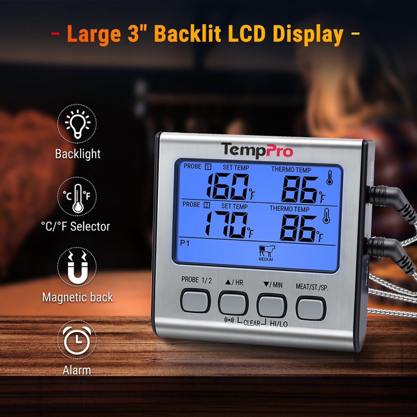 ThermoPro TP17 Digital Meat Thermometer with Dual Temperature Probe Large Backlight LCD Food Thermometer with Timer for Kitchen Oven BBQ Cooking Thermometer