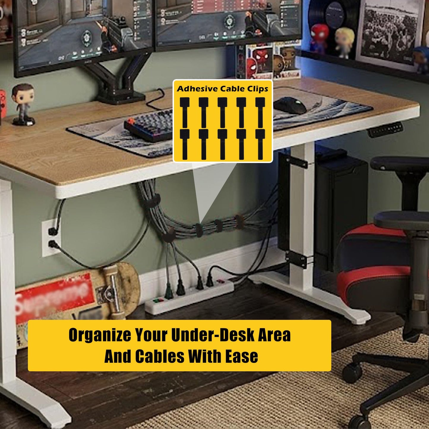 Under Desk PC Mount for Standing Desk, Universal Clamp-On PC Desk Mount with 10PCS Adhesive Cable Clip, No Drilling Heavy Duty Adjustable Computer Case CPU Holder Fits Most Towers, Holds Up to 44Lbs