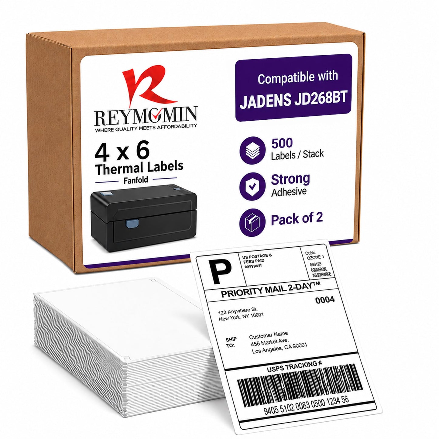 4” x 6” Thermal Shipping Labels – 500 Labels per Stack – Direct Compatible with Jadens Label Printer JD268BT and Other Jadens Models (2 Stacks)