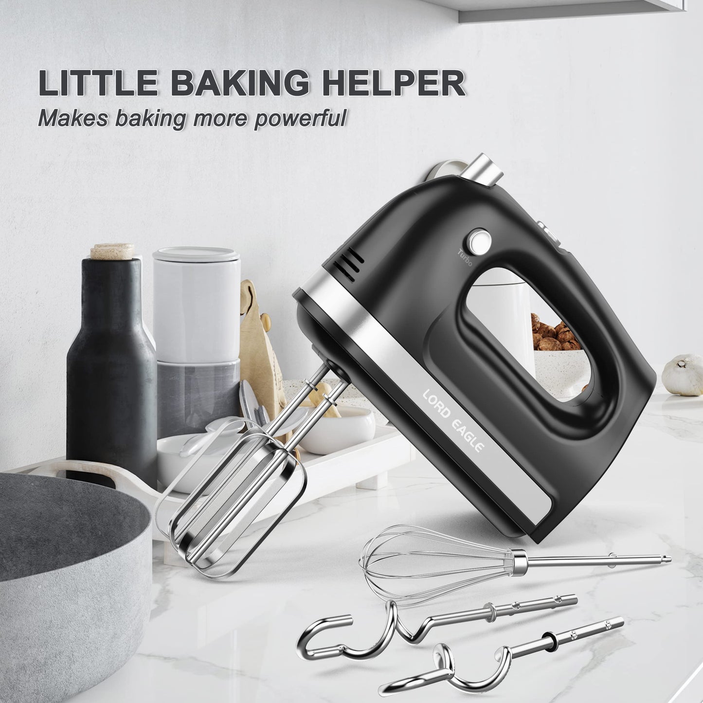 Lord Eagle Hand Mixer Electric Handheld 400W, 5-Speed Lightweight Kitchen Mixer with Storage Case, 5 Stainless Steel Attachments for Baking Cake Egg Cream Food Beater, Turbo+Eject Button, Black