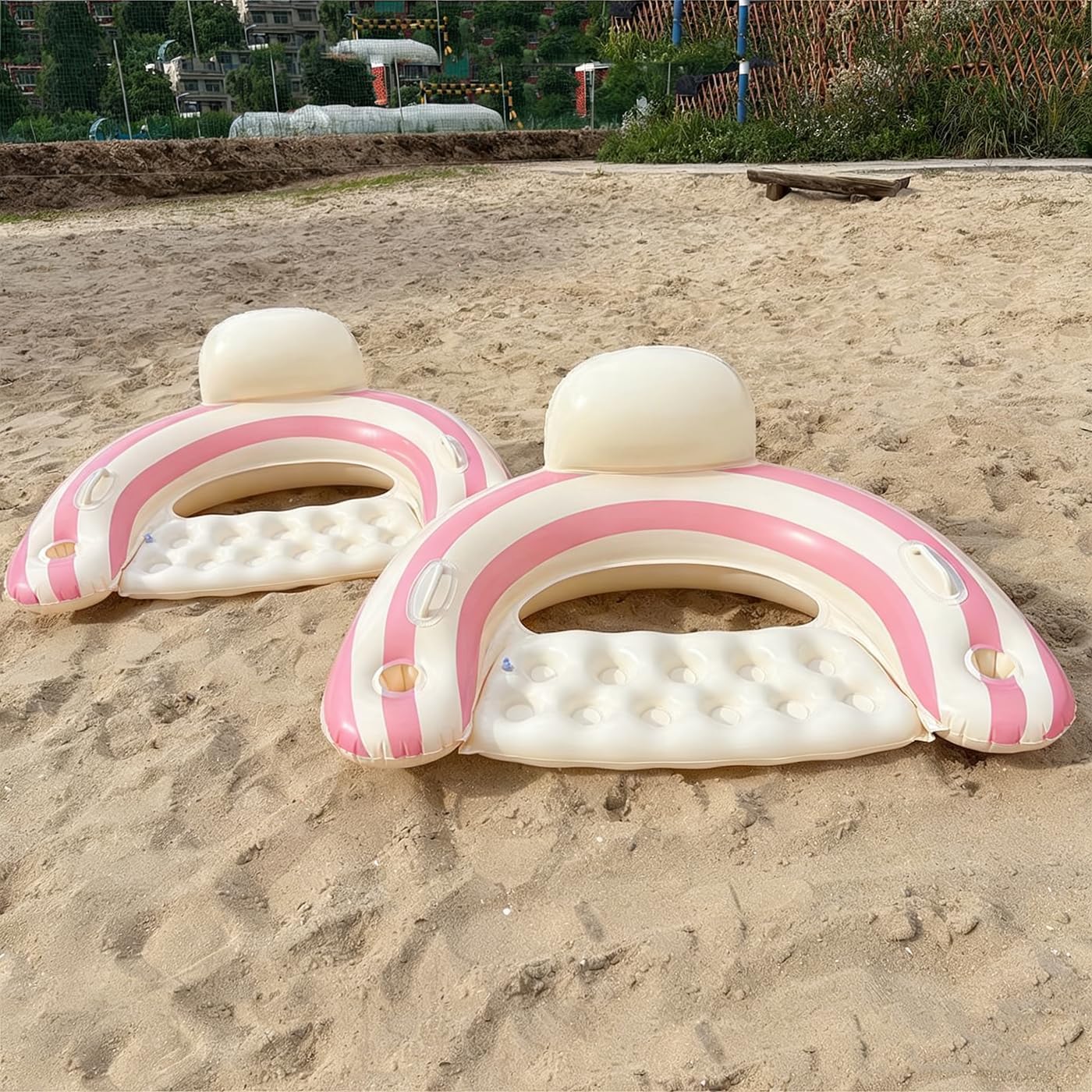 2PCS Inflatable Pool Floats Adult,Striped Pool Chairs with Cup Holders,Blow up Floats Chair for Relaxing Summer Water Fun Swimming Party Beach (U-Pink Lollipop)