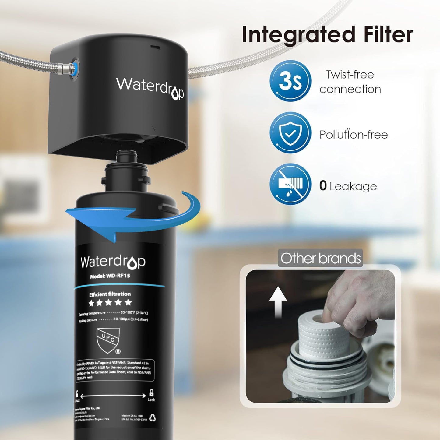 Waterdrop 15UA Under Sink Water Filter System, Reduces Lead, Chlorine, Bad Taste & Odor, Under Counter Water Filter Direct Connect to Kitchen Faucet, NSF/ANSI 42 Certified, 19000 Gallons, USA Tech