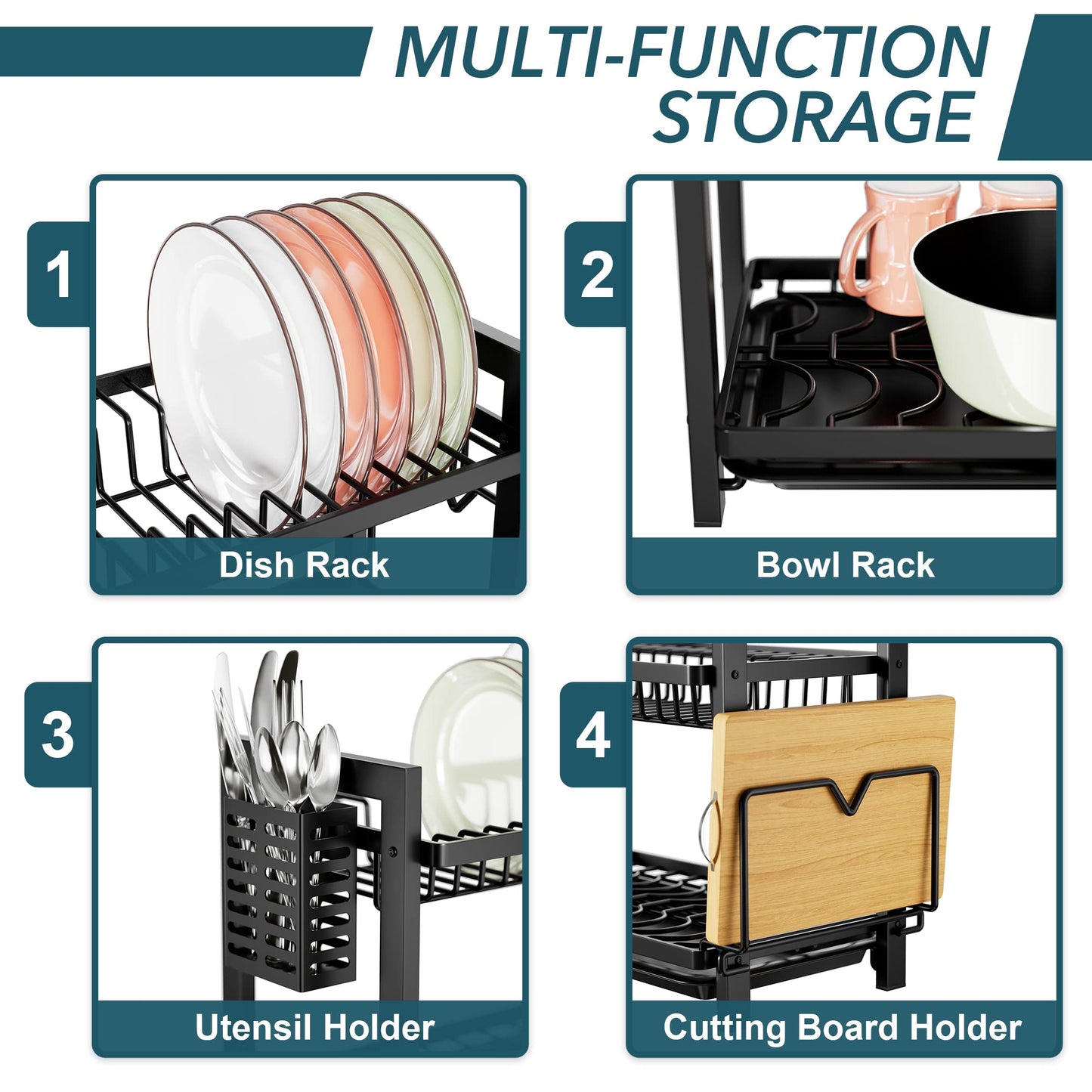 niffgaff 2 Tier Dish Drying Rack, Kitchen Dish Rack with Utensil Holder, Cutting Board Holder & Drain Tray for Kitchen Counter, Small Apartment Organization, Black