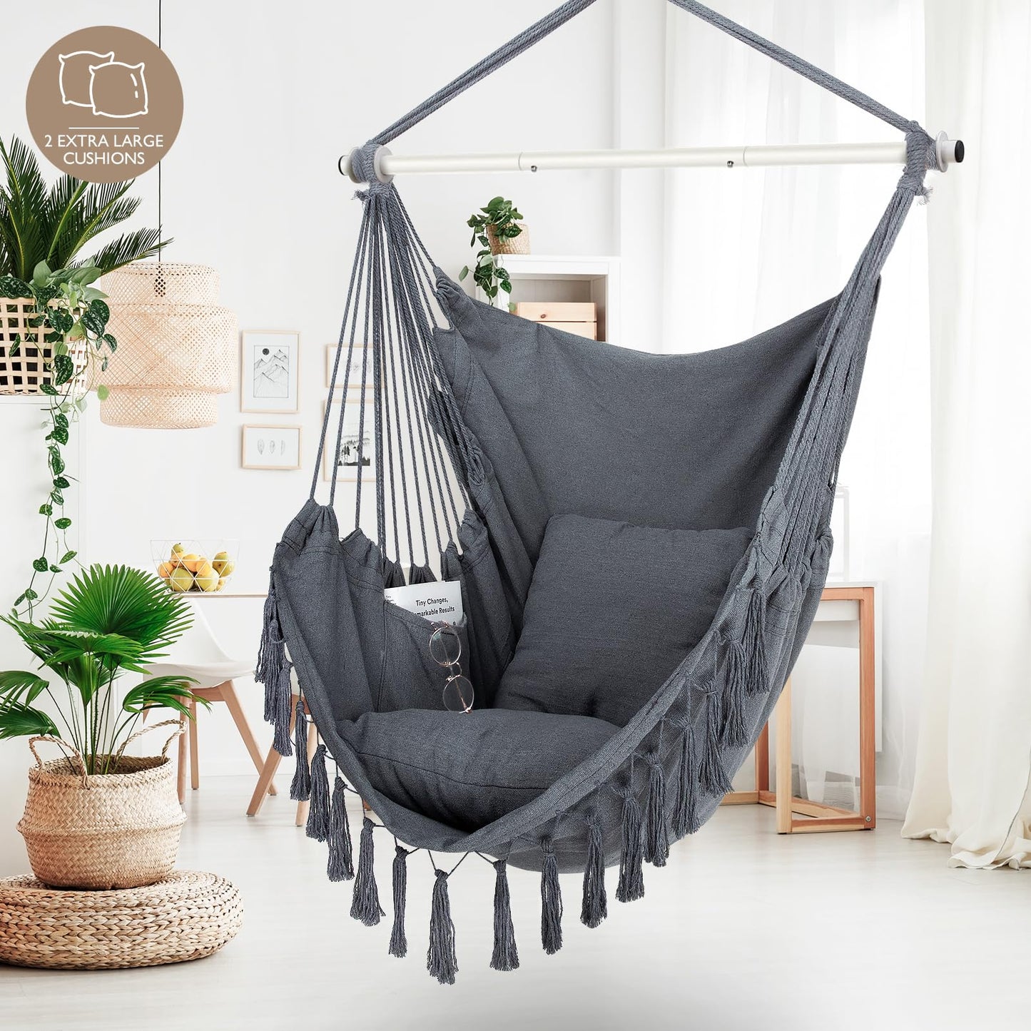 WBHome Extra Large Hammock Chair Swing with Hardware Kit, Hanging Macrame Chair Cotton Canvas, Include Carry Bag & Two Soft Seat Cushions, for Bedroom Indoor Outdoor, Max. Weight 330 Lbs (Grey)