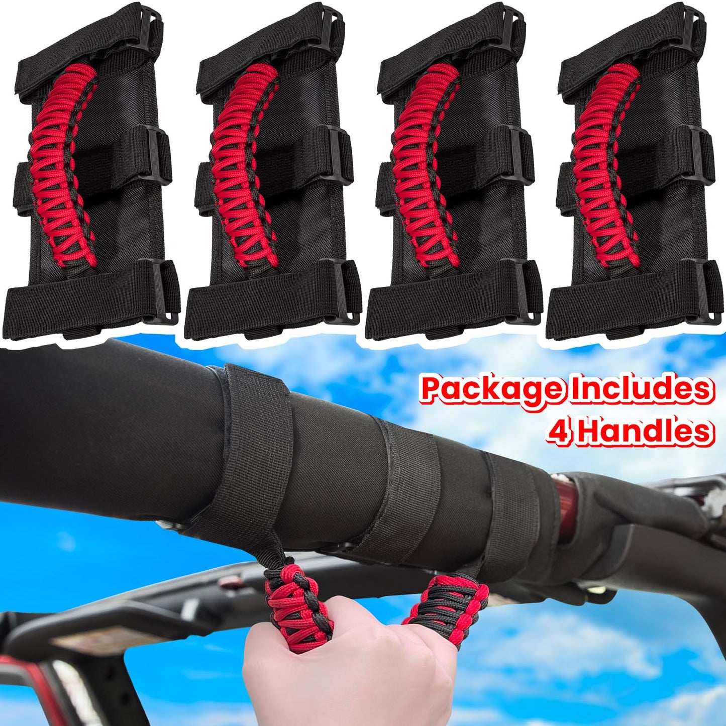 4 x Roll Bar Grab Handles Grip Handle for Jeep Wrangler JK JKU JL JLU TJ YJ Sports Sahara Freedom Rubicon Unlimited Gladiator JT 1955-2023 UTV ATV Premium 550 Paracord Interior Accessories (Red)