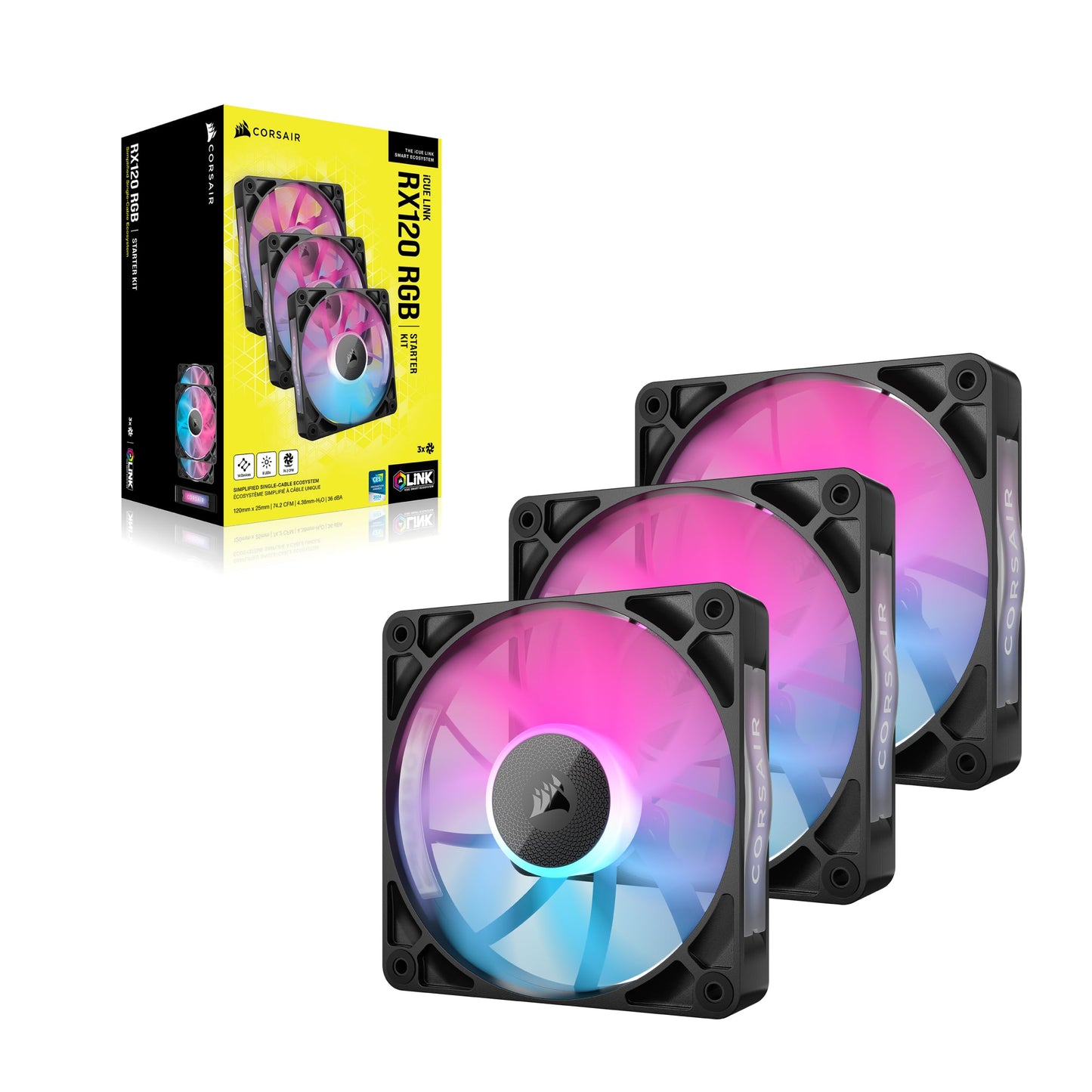 CORSAIR iCUE Link RX120 RGB 120mm PWM Fans with iCUE Link System Hub - Magnetic Dome Bearing - Triple Pack - Black