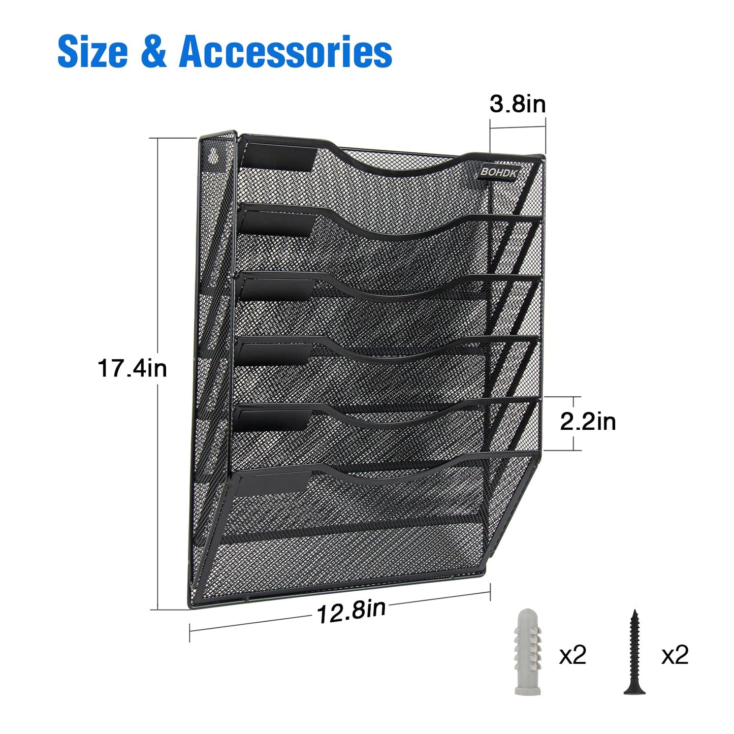 BOHDK Wall File Organizer, 6 Tier Hanging File Folder Mail Organizer, Vertical Mesh Metal Wall Mount Hanging File Holder, Paper Document Magazine Rack for Home Office Black
