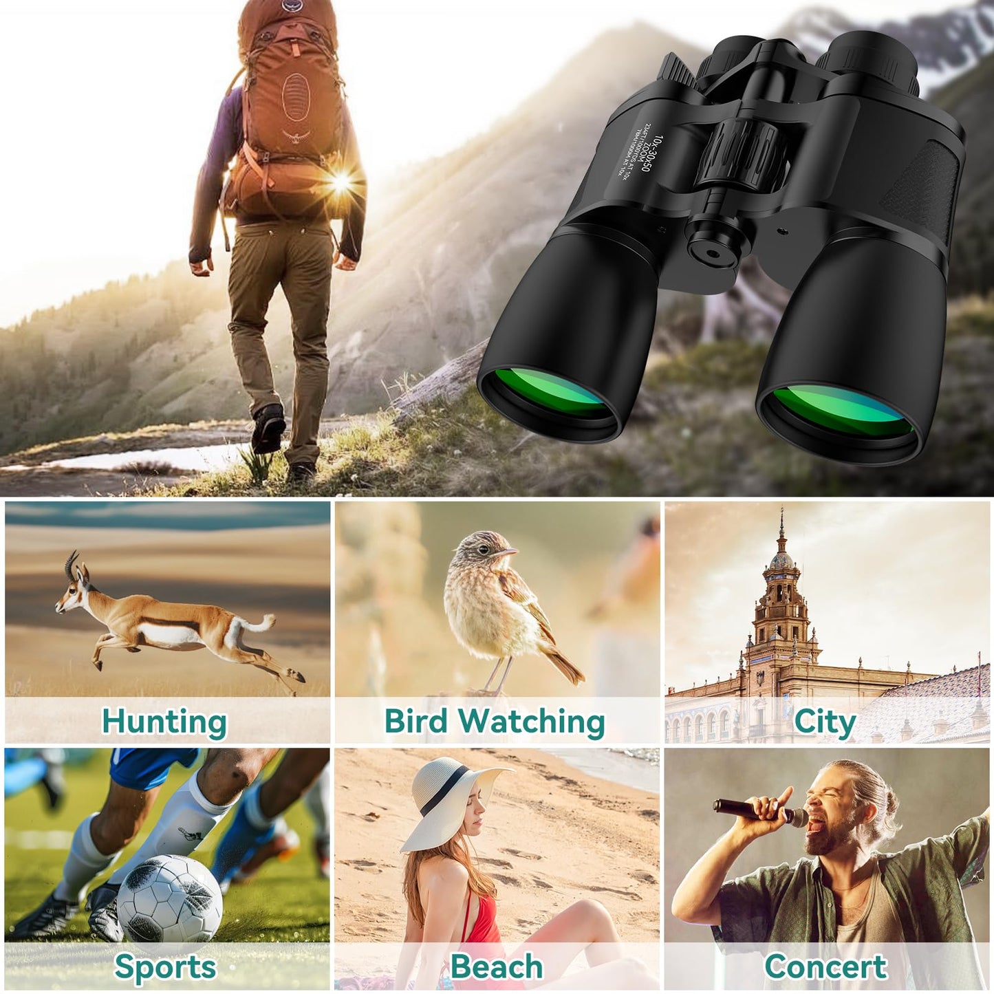 10-30X50 Zoom Binoculars for Adults, High Powered Military Binoculars for Bird Watching, Hunting, Outdoor, Hiking, Concerts Large View/Waterproof/BAK7 Prism/FMC Lens/Low Light Night Vision