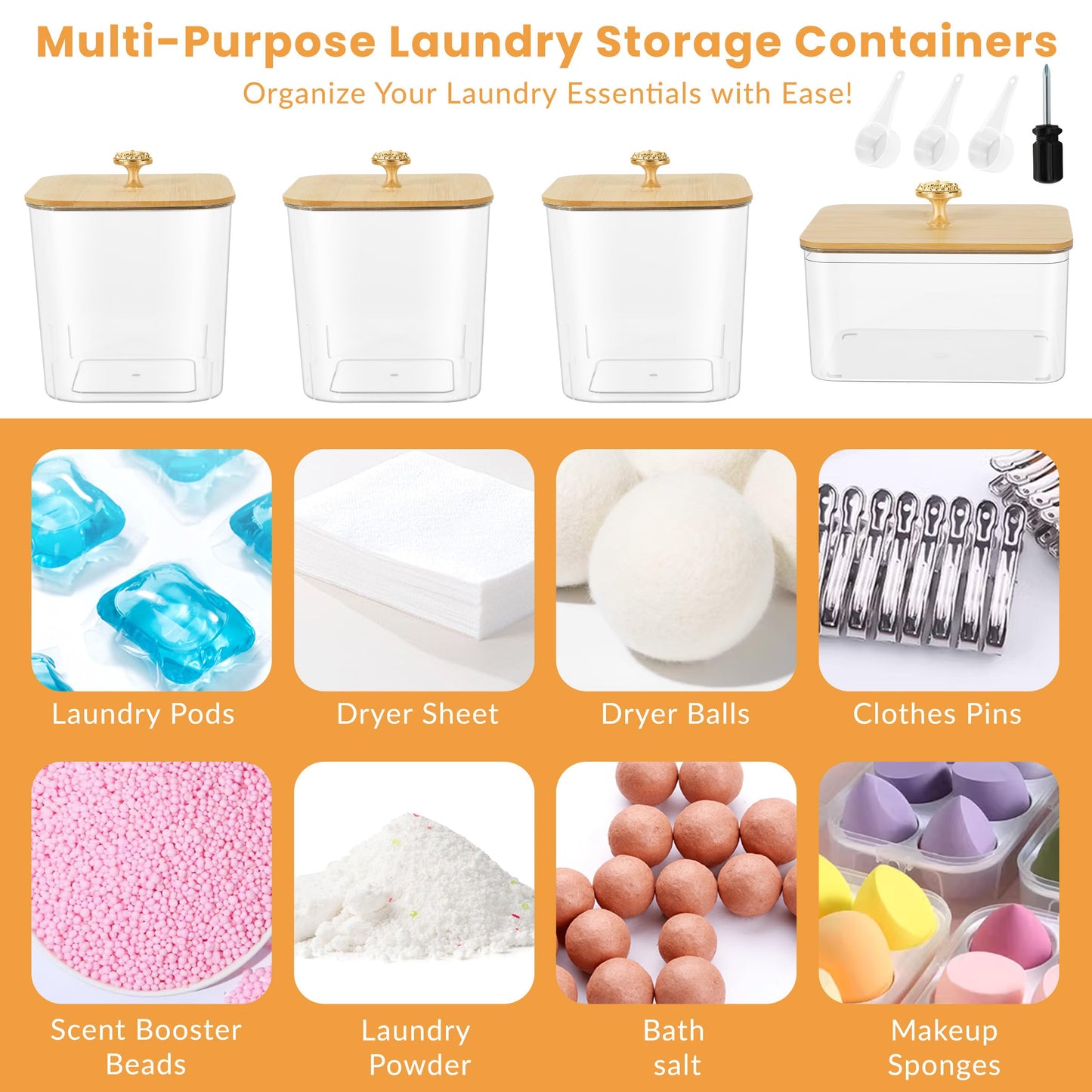 4 Pack Laundry Pods Container & Dryer Sheet Holder - Clear Plastic Laundry Room Organization Storage Containers with Lids, Scoops & Labels for Detergent Pods, Powder, Scent Boosters, Beads