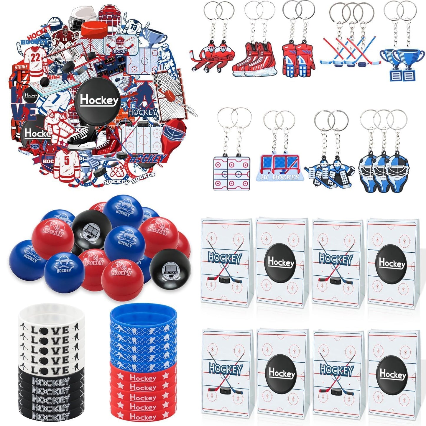 Hockey Party Favors 130Pcs Hockey Party Supplies Foam Hockey Balls, Silicone Wristbands, Hockey Theme Stickers, Hockey Gift Bags, Hockey Keychains, Gifts for Kids Students Boy Birthday Hockey Party